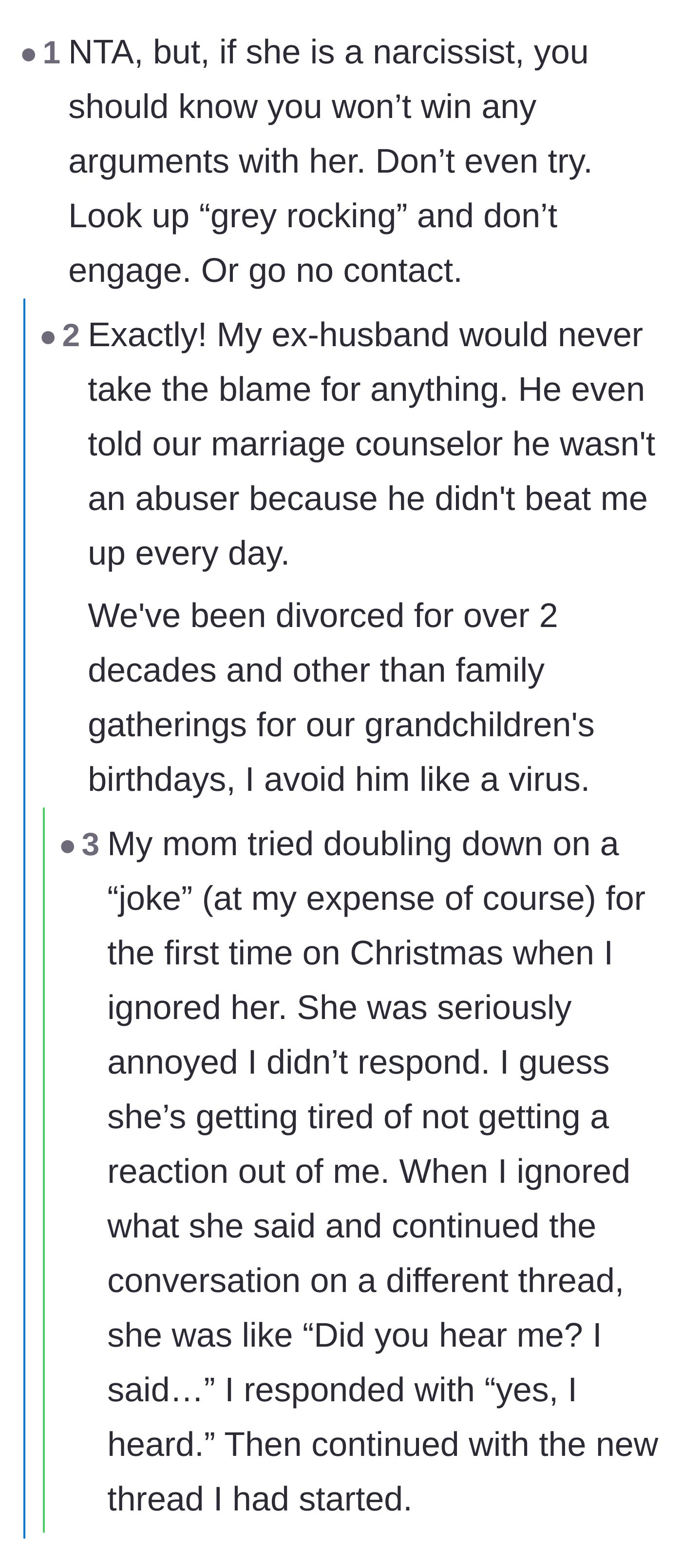 Comment thread 3 - Sharing personal experiences with narcissists and explaining the psychological 'grey rock' method.