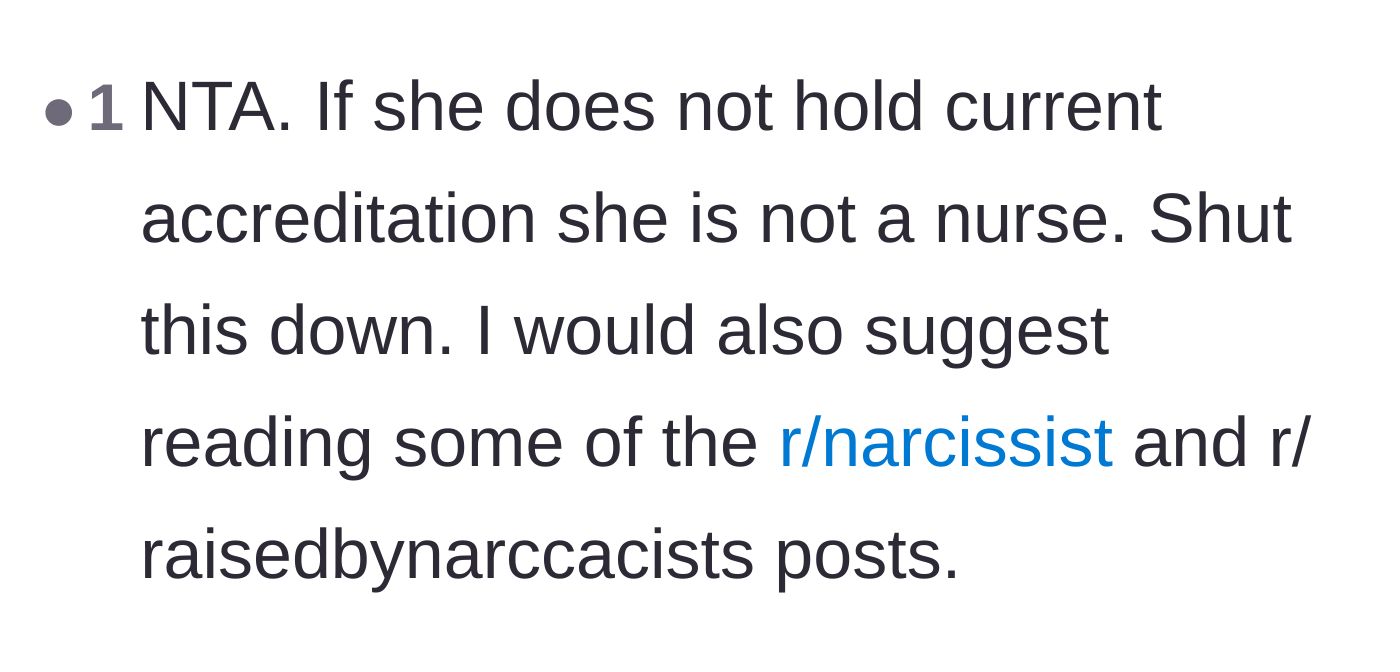 Comment thread 5 - Clarifying that without current medical accreditation, the mother-in-law cannot claim to be a nurse.