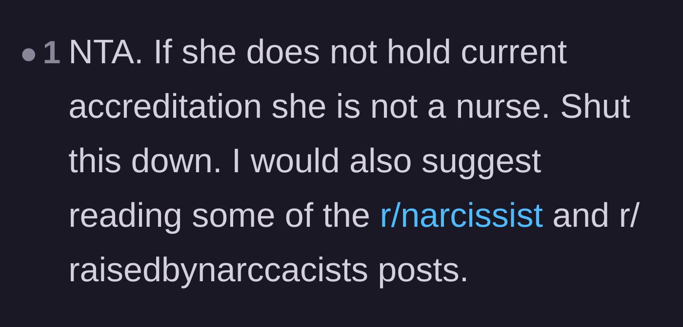 Comment thread 5 - Clarifying that without current medical accreditation, the mother-in-law cannot claim to be a nurse.