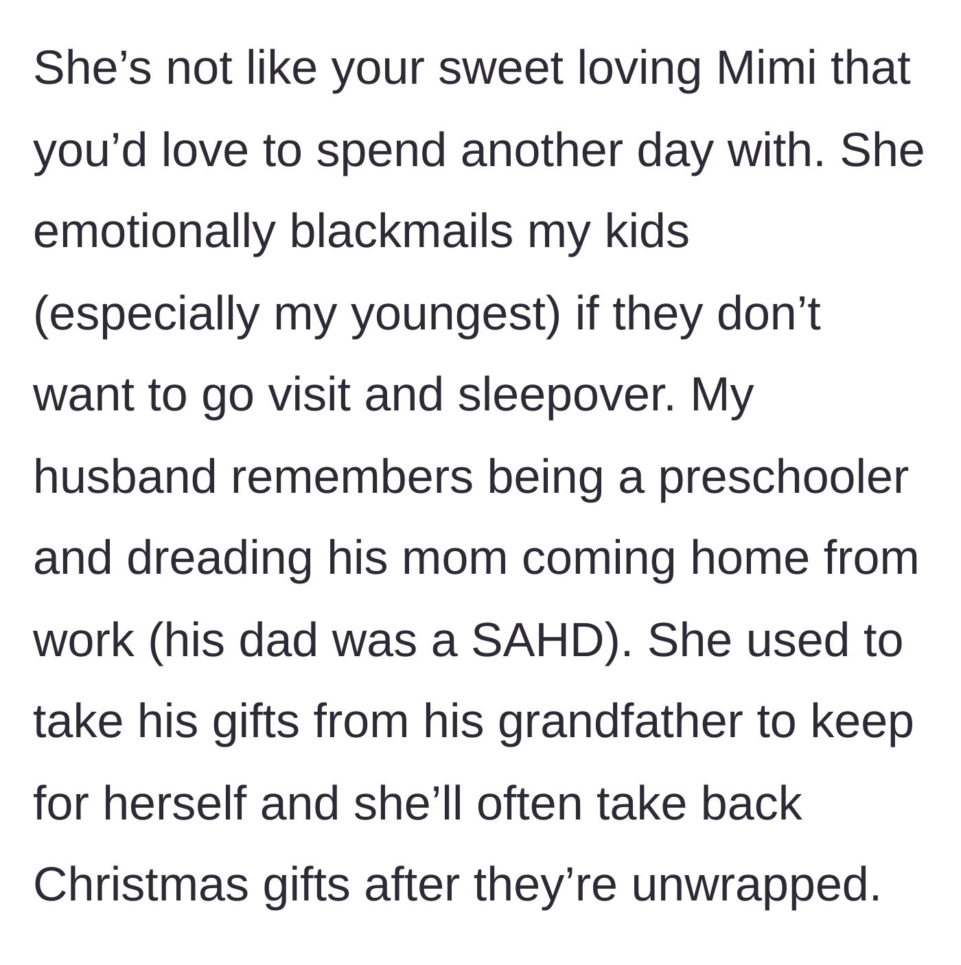 Story part 10 - Dark revelations about MIL stealing her own son's childhood gifts.