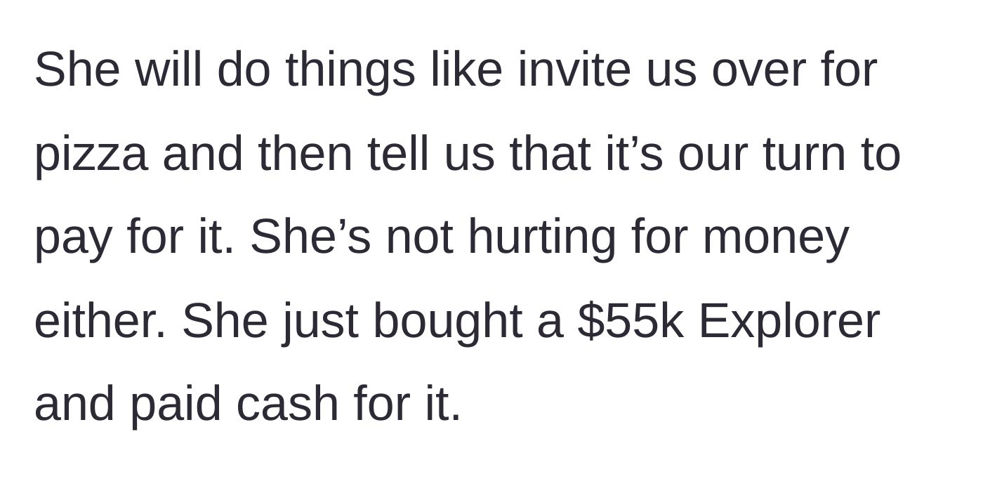 Story part 3 - MIL making the couple pay for pizza while flaunting a $55k cash car.