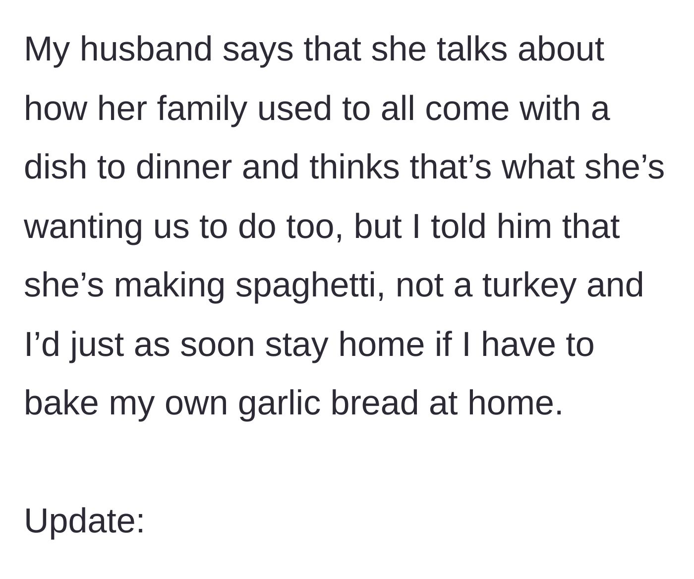 Story part 7 - The husband's excuse about potlucks versus the wife's refusal to bake.
