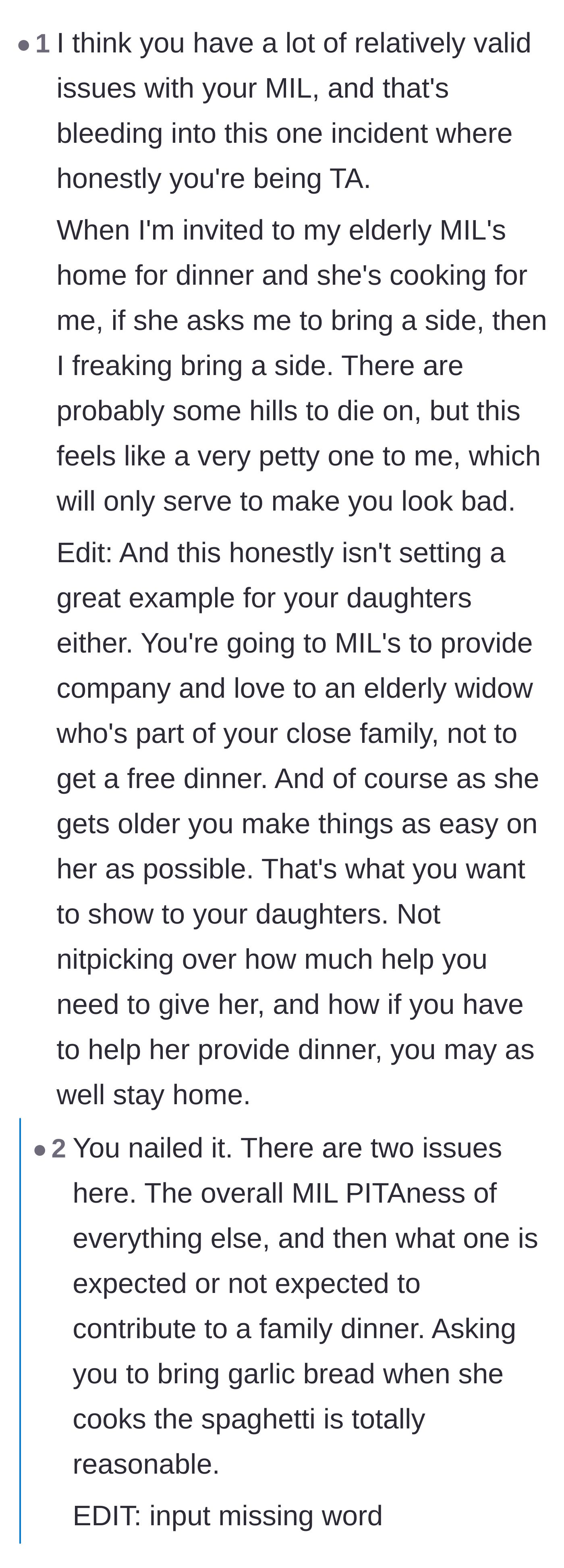 Comment thread 1 - A debate on whether bringing garlic bread is a petty battle compared to the MIL's larger issues.