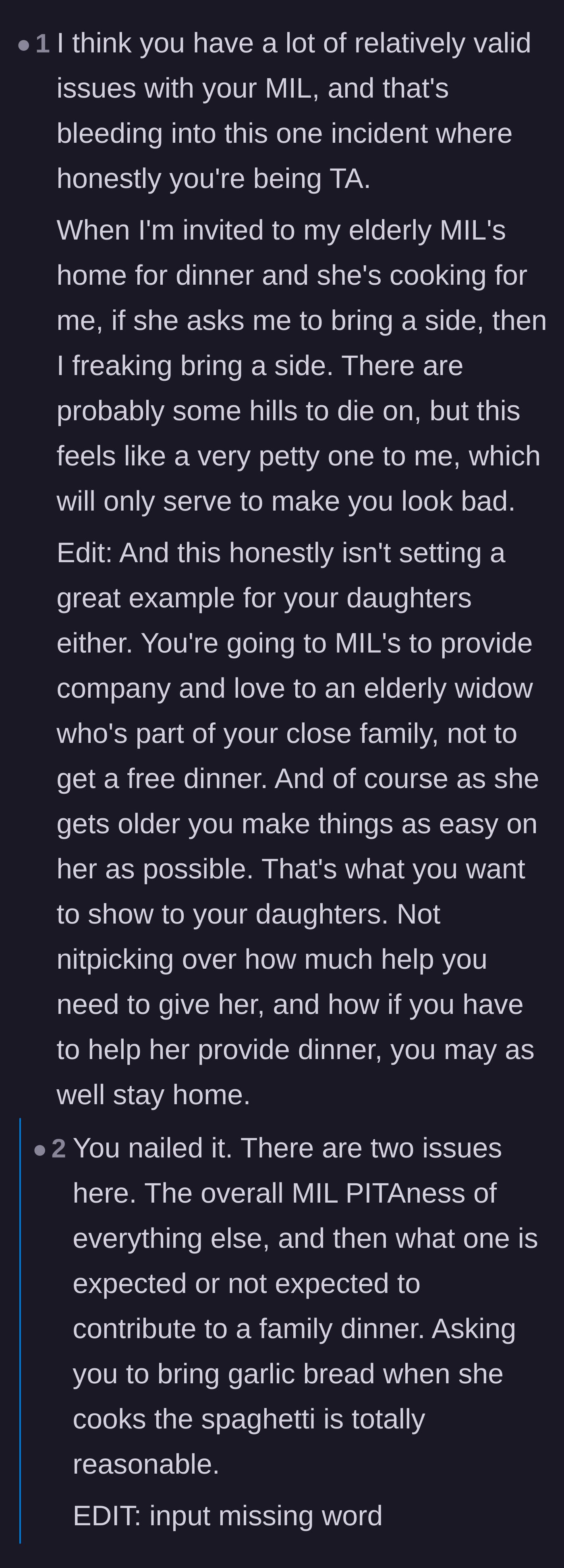 Comment thread 1 - A debate on whether bringing garlic bread is a petty battle compared to the MIL's larger issues.