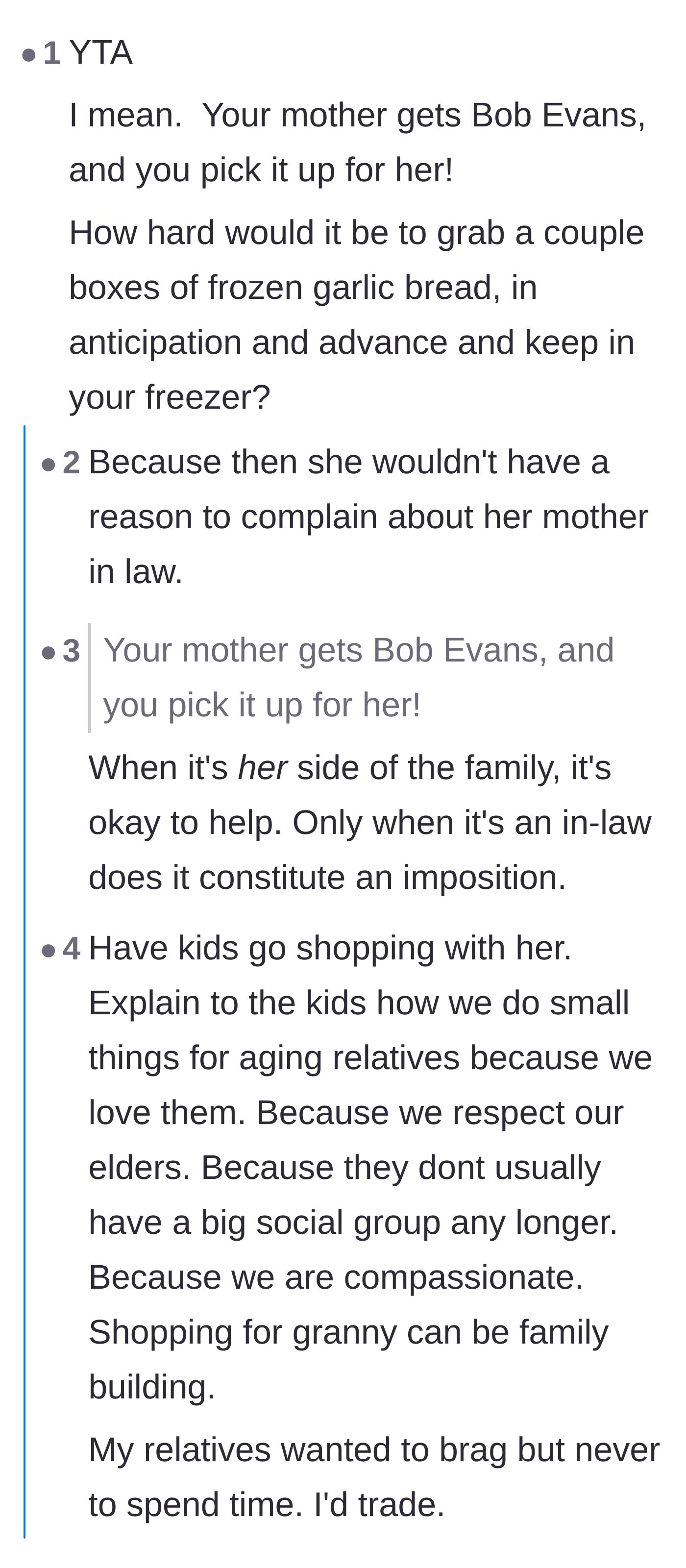 Comment thread 2 - A user points out the hypocrisy of picking up food for the wife's mom but not the MIL.