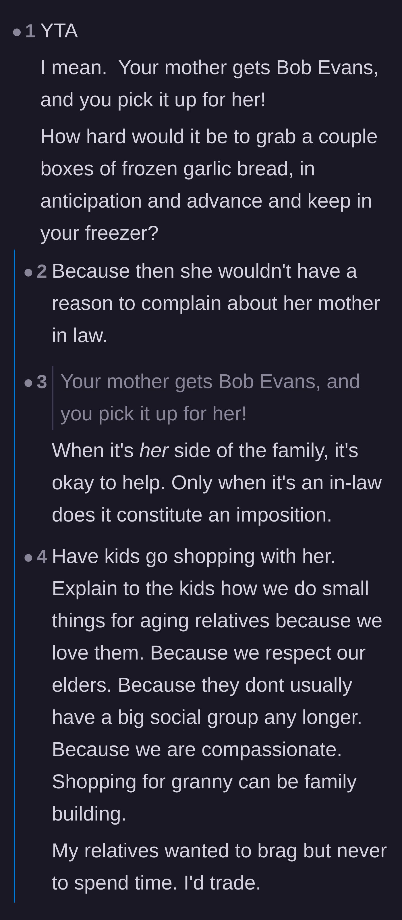Comment thread 2 - A user points out the hypocrisy of picking up food for the wife's mom but not the MIL.