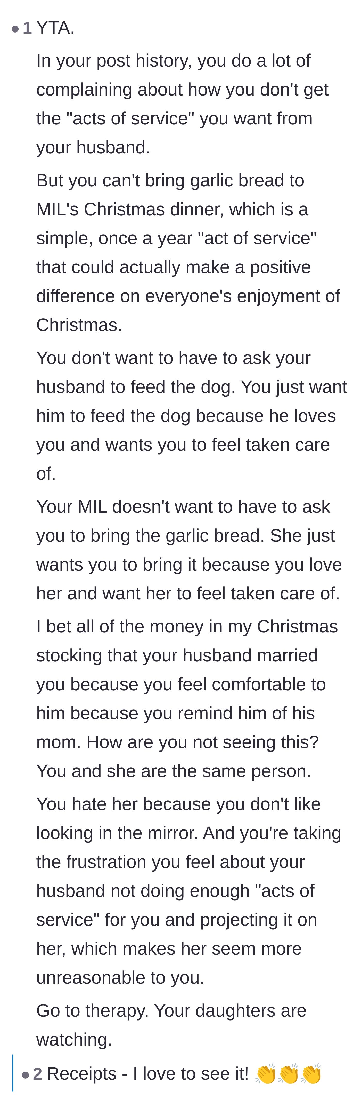 Comment thread 3 - A commenter digging into the wife's post history to call out her hypocrisy regarding 'acts of service.'