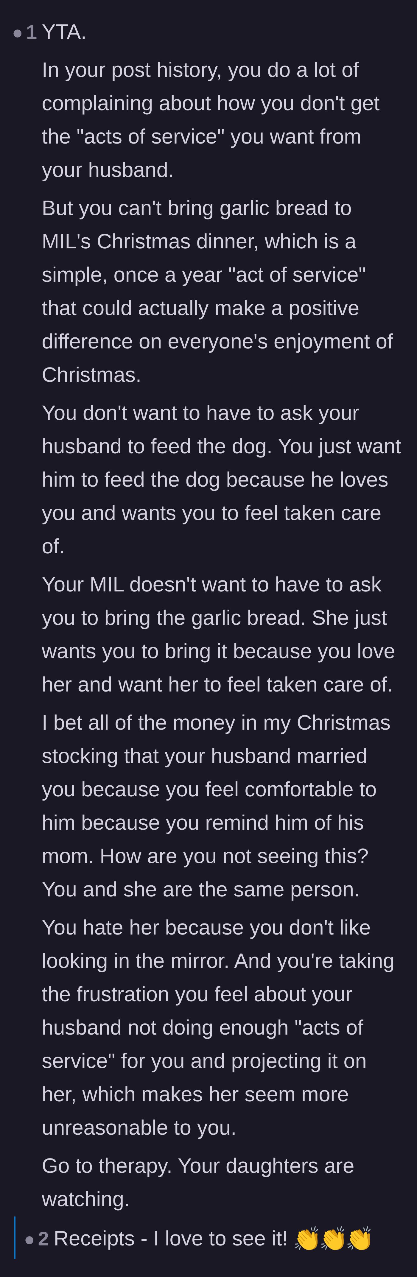 Comment thread 3 - A commenter digging into the wife's post history to call out her hypocrisy regarding 'acts of service.'