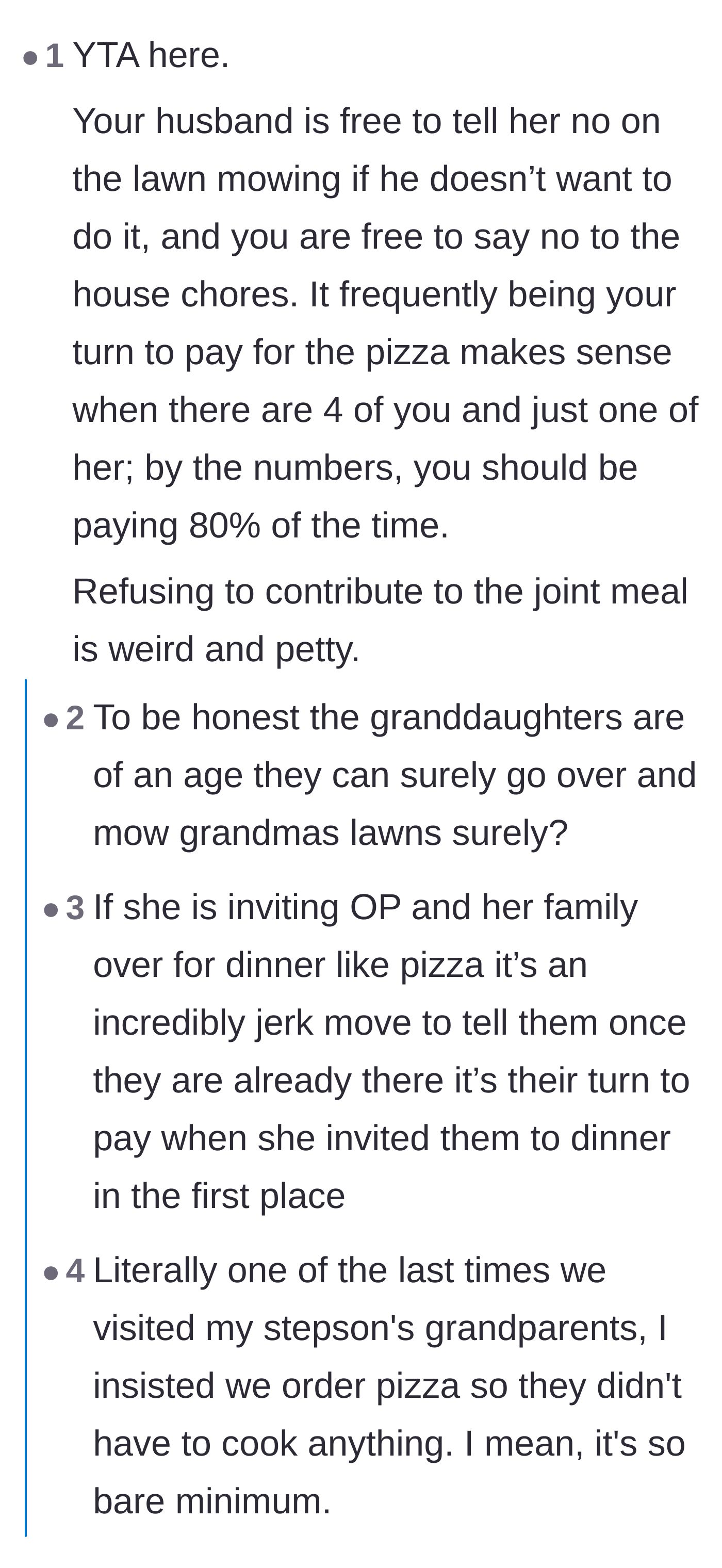 Comment thread 4 - A logical breakdown of why paying for pizza is fair and refusing to bring bread is petty.