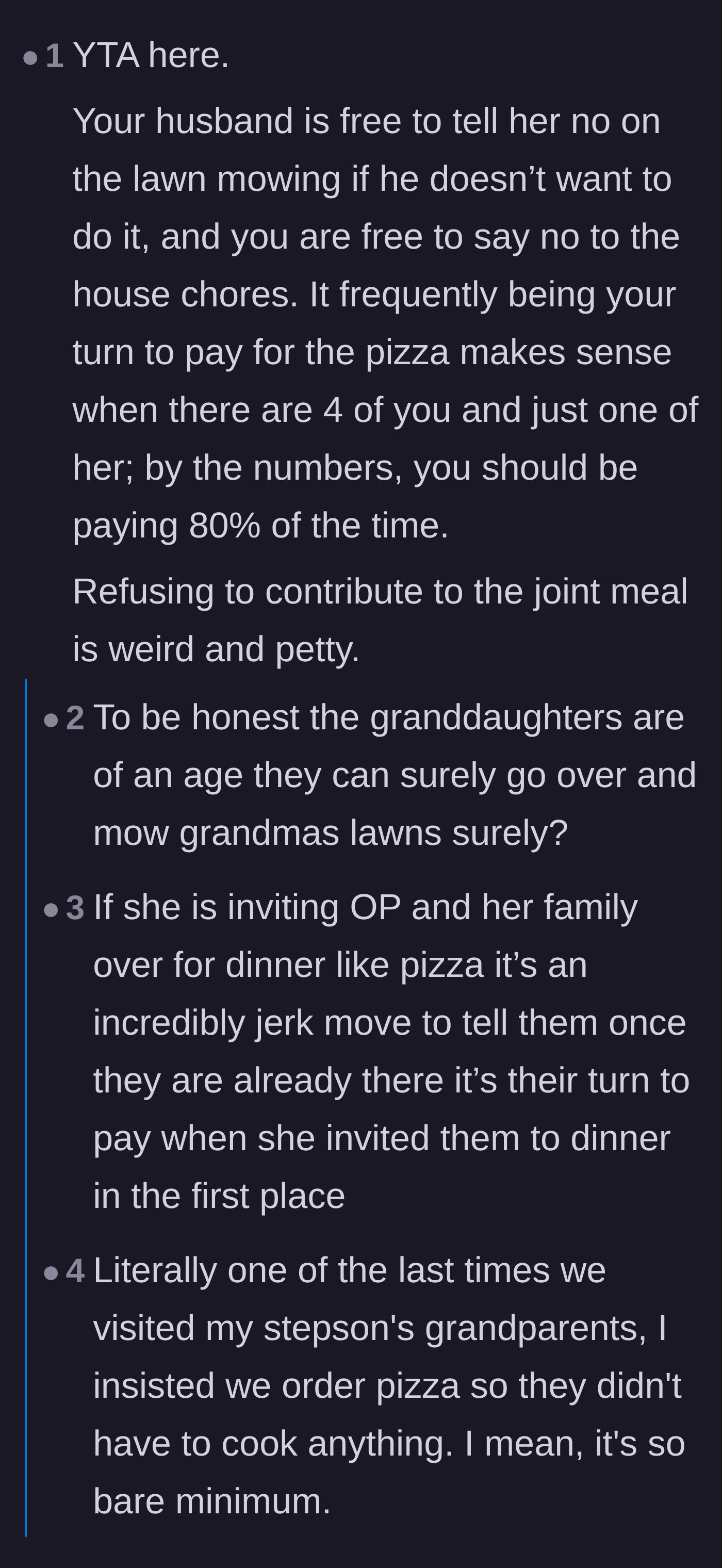 Comment thread 4 - A logical breakdown of why paying for pizza is fair and refusing to bring bread is petty.