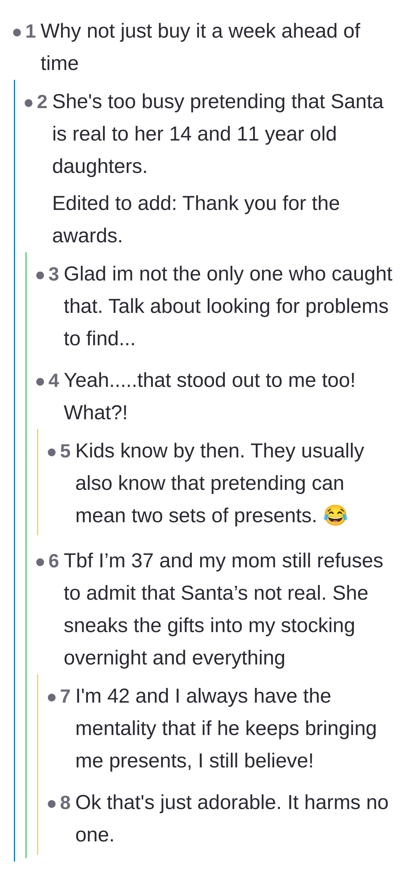 Comment thread 6 - A discussion mocking the wife's claim about her older kids still believing in Santa.