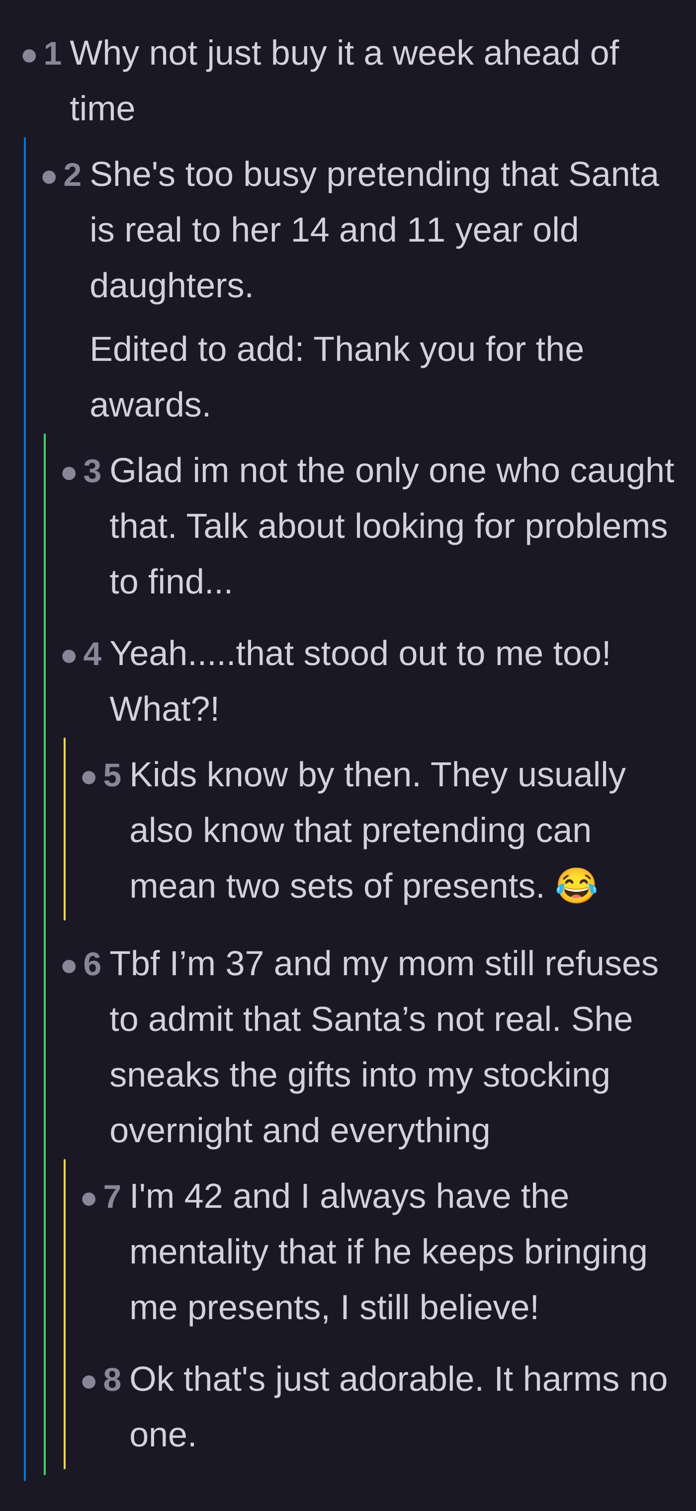 Comment thread 6 - A discussion mocking the wife's claim about her older kids still believing in Santa.