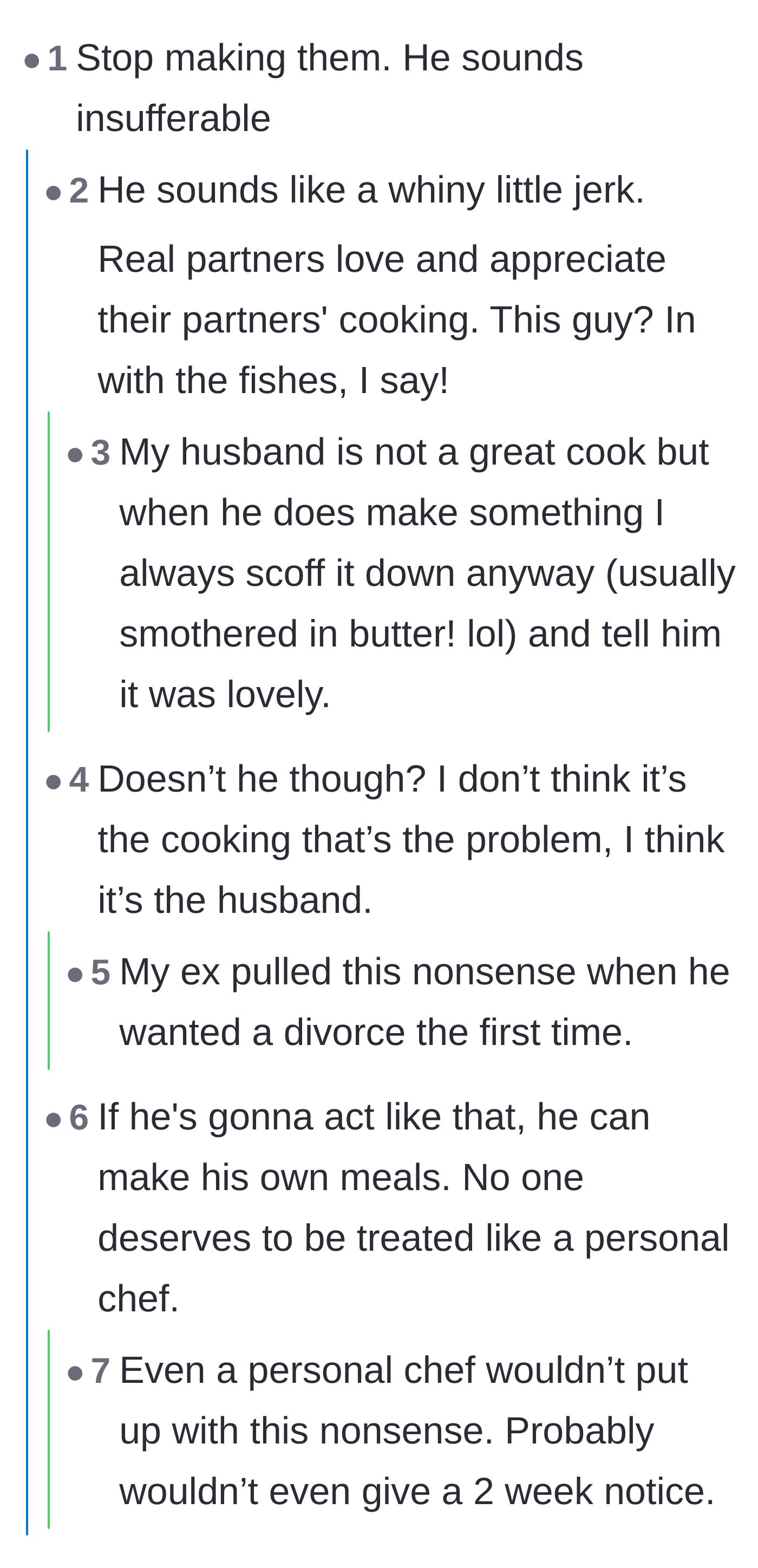 Comment thread 1 - Readers sharing stories of eating their partners' subpar meals with gratitude instead of complaints.
