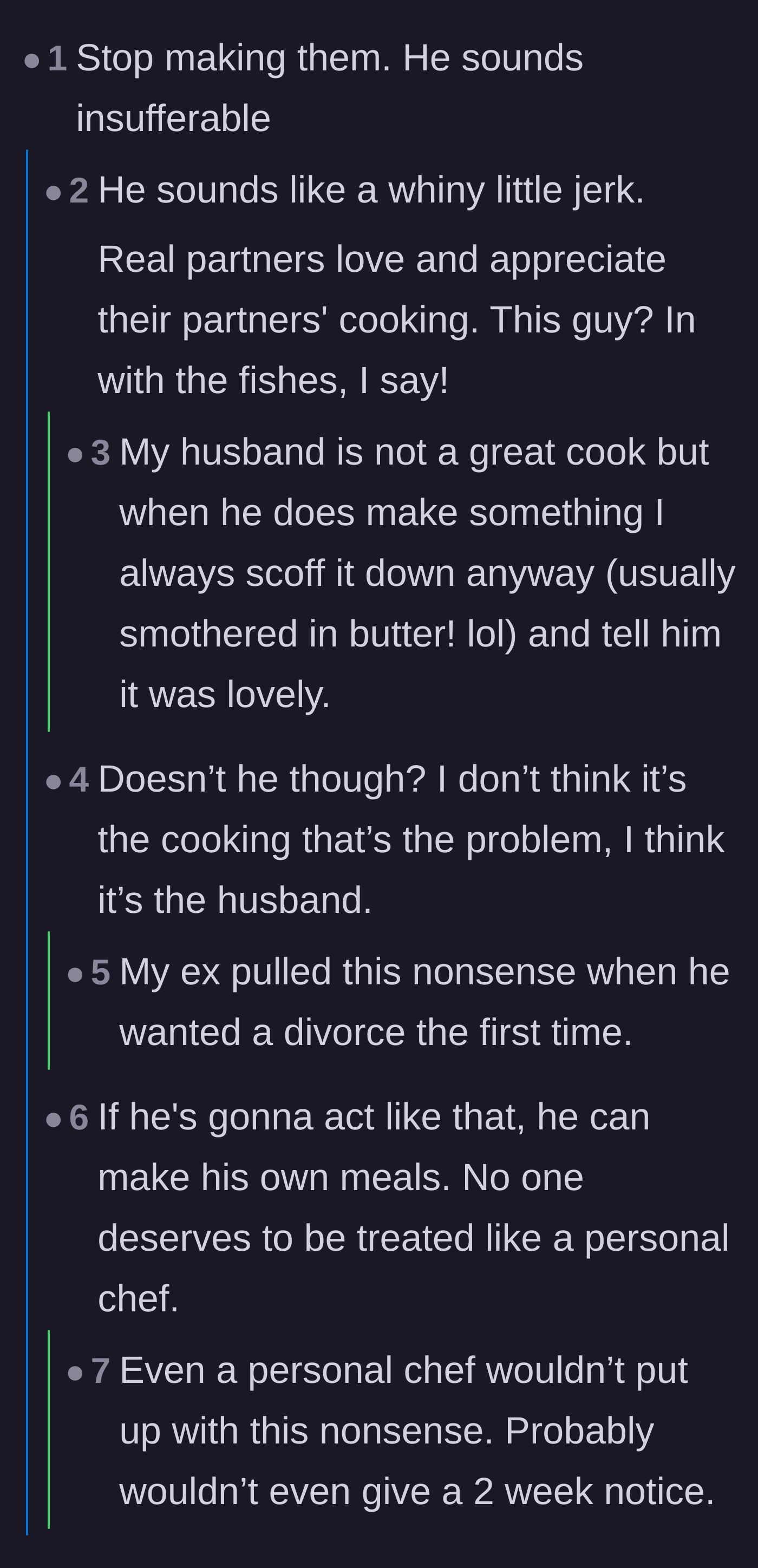 Comment thread 1 - Readers sharing stories of eating their partners' subpar meals with gratitude instead of complaints.