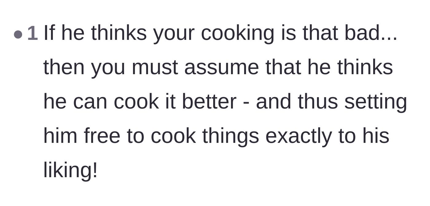 Comment thread 2 - Advice suggesting that if he dislikes her cooking, he should be free to cook for himself.