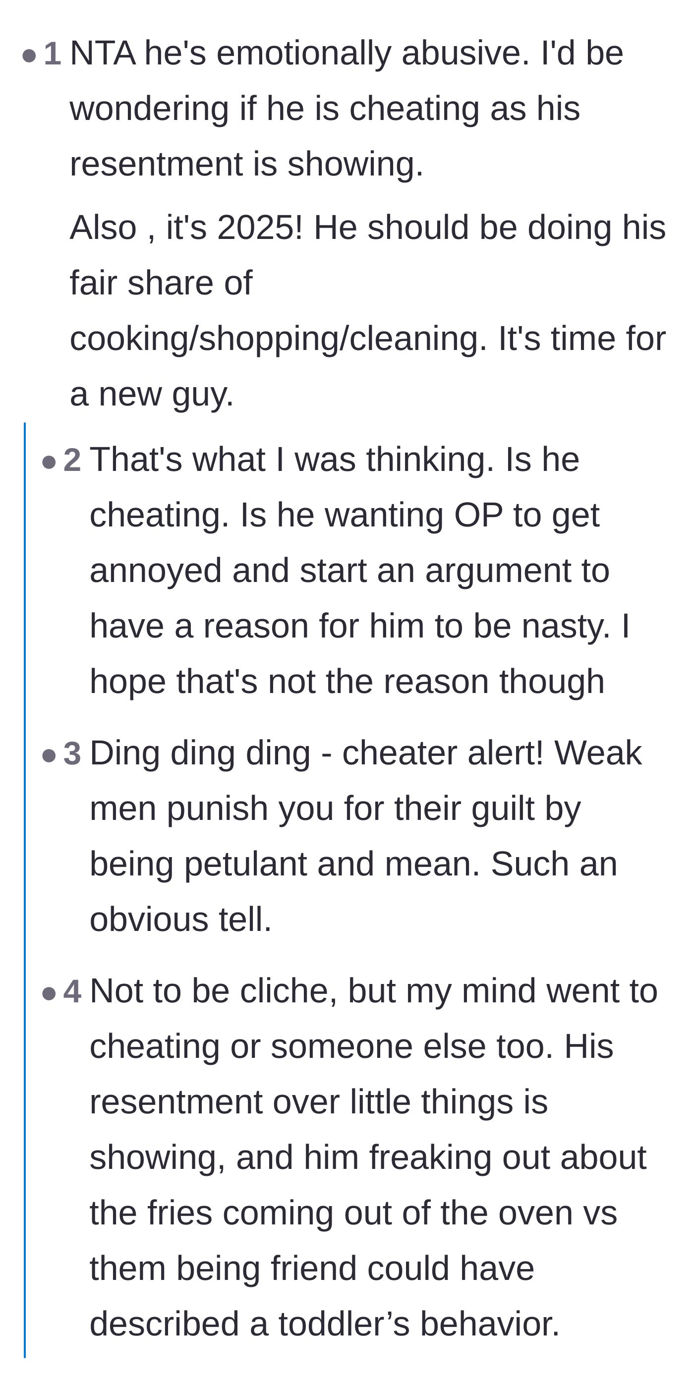 Comment thread 4 - Speculation that his sudden, intense resentment might be a sign of infidelity or hidden guilt.