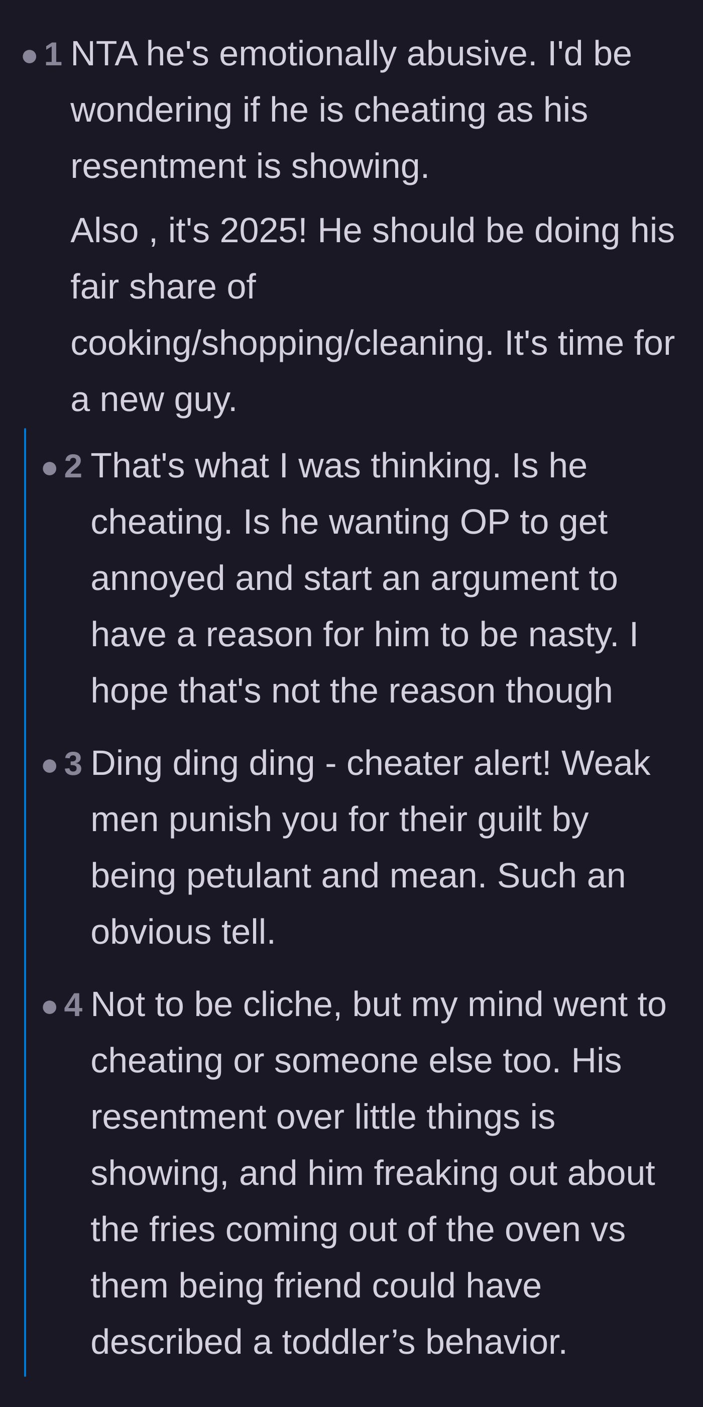 Comment thread 4 - Speculation that his sudden, intense resentment might be a sign of infidelity or hidden guilt.