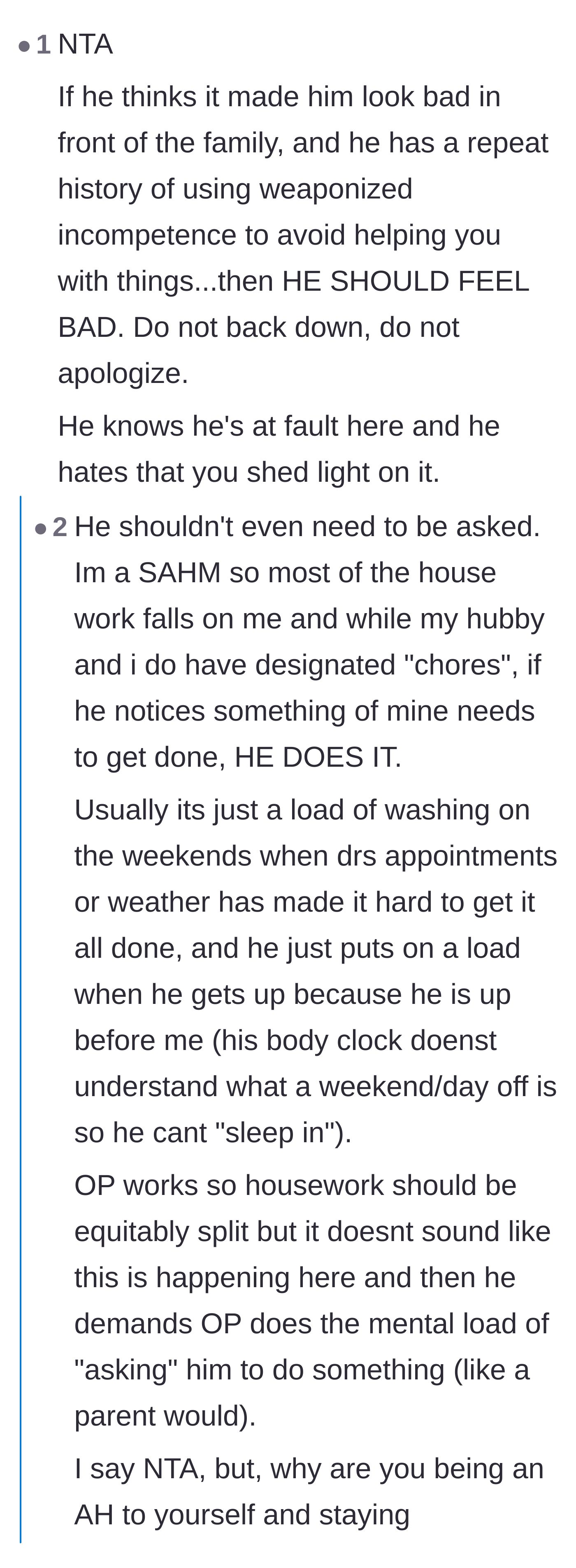 Comment thread 1 - Readers discussing weaponized incompetence and the exhausting mental load of having to ask a partner to do basic chores.
