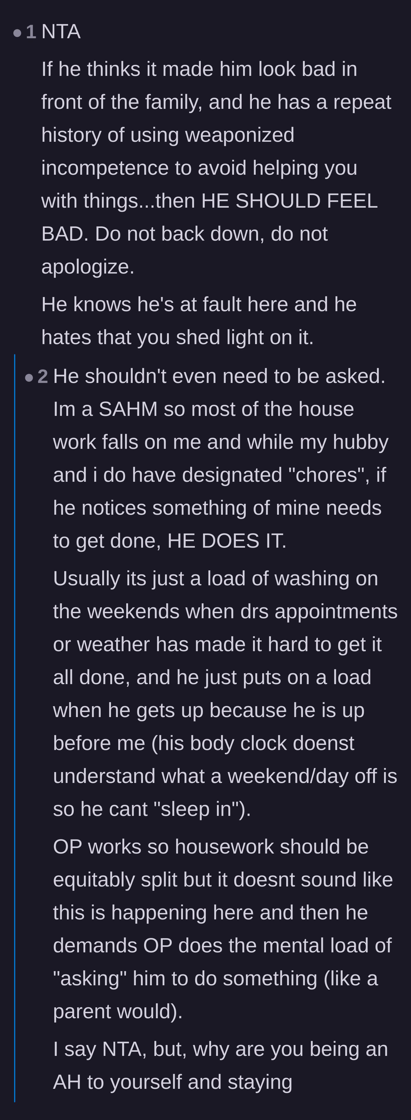 Comment thread 1 - Readers discussing weaponized incompetence and the exhausting mental load of having to ask a partner to do basic chores.