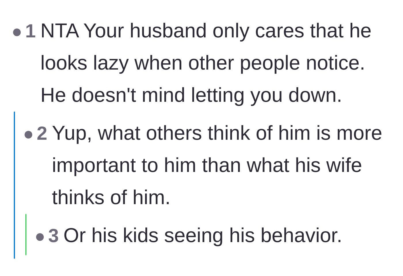 Comment thread 2 - A discussion about how the husband values his public image over his wife's exhaustion.