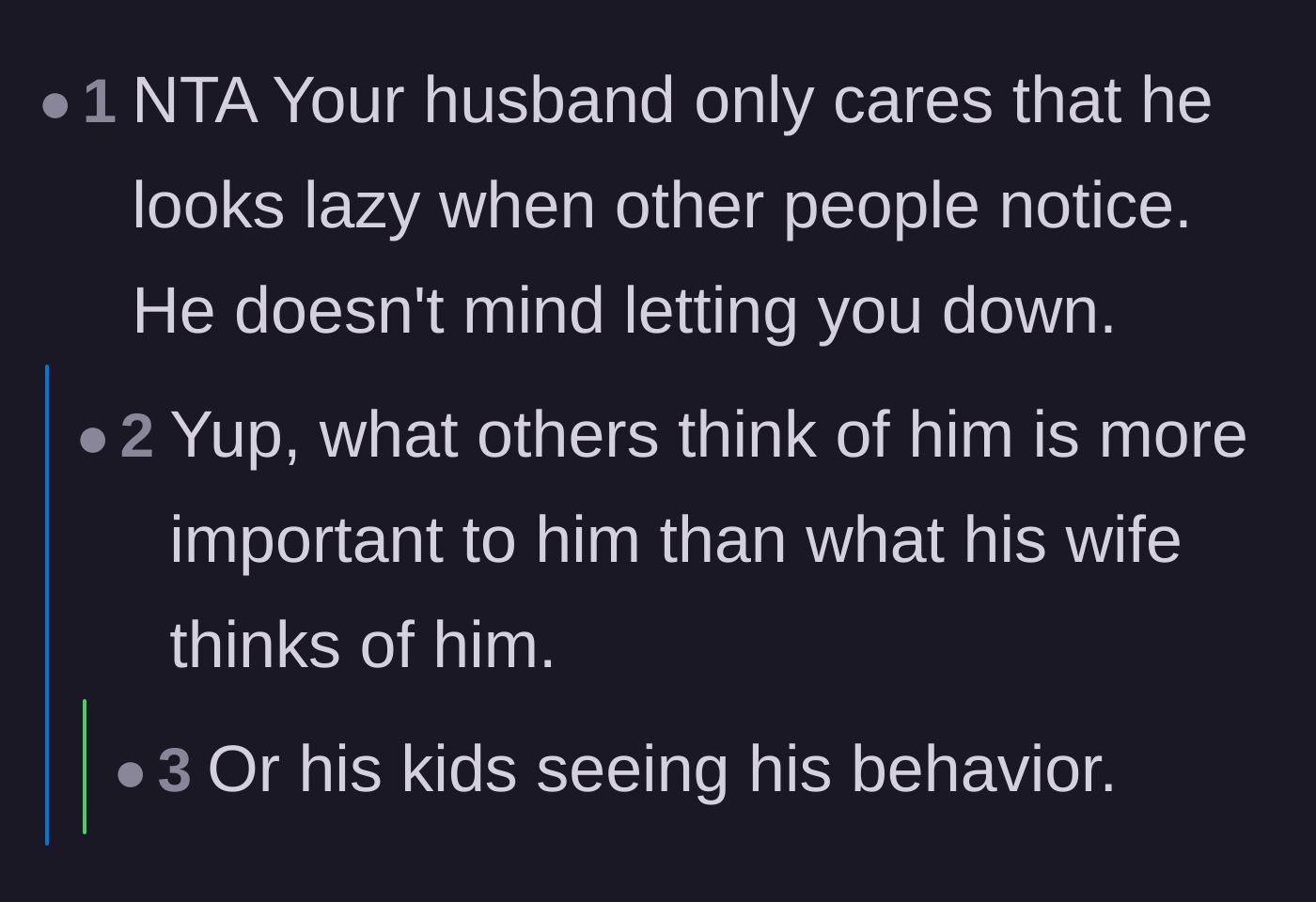 Comment thread 2 - A discussion about how the husband values his public image over his wife's exhaustion.