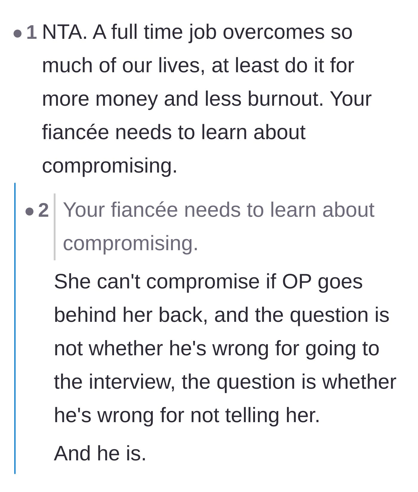 Comment thread 2 - A heated debate over whether the fiancé failed to compromise or the main character failed by sneaking around.