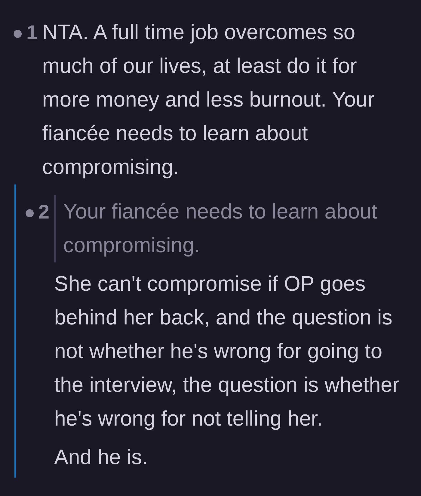 Comment thread 2 - A heated debate over whether the fiancé failed to compromise or the main character failed by sneaking around.