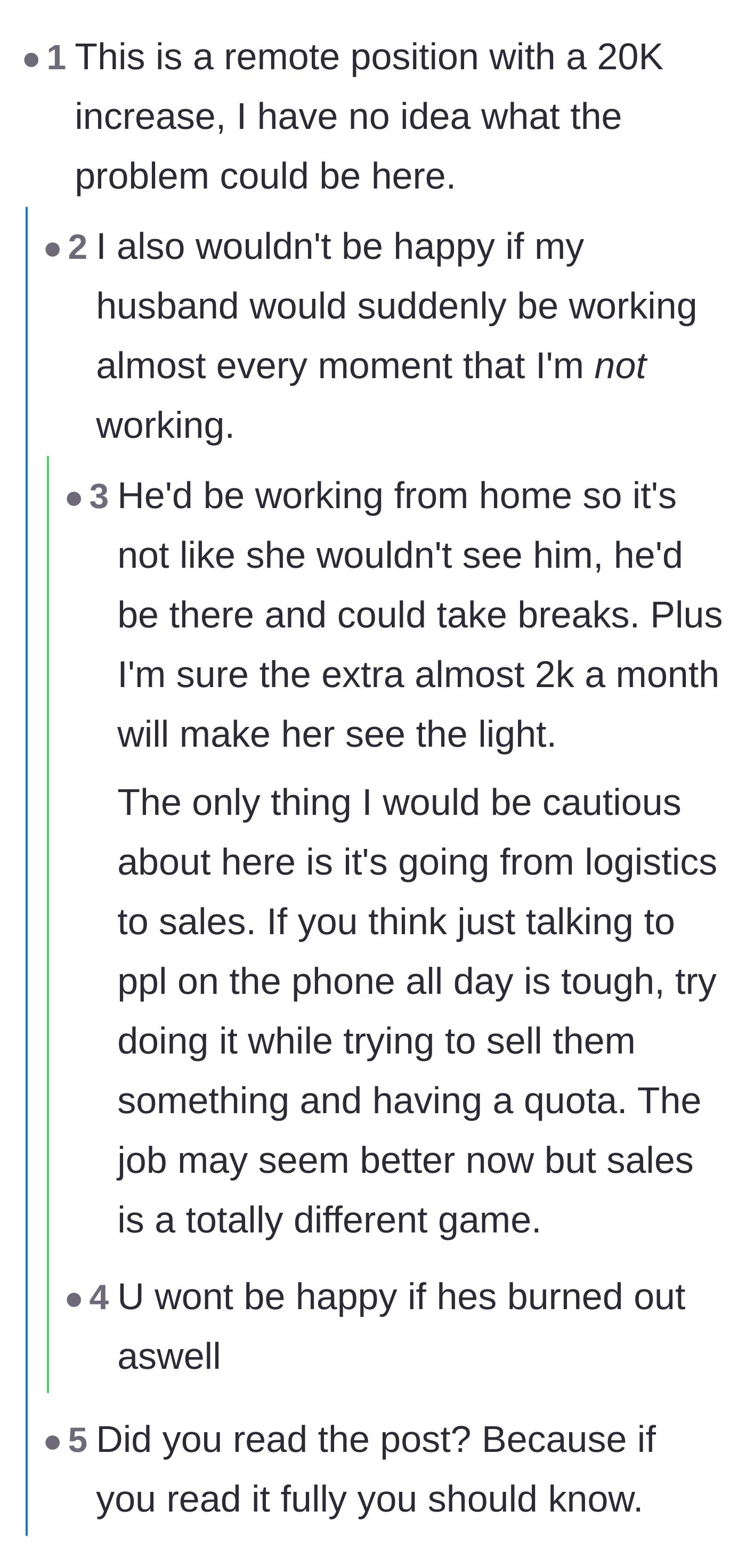 Comment thread 4 - Arguments about the true meaning of working from home and how shifted schedules impact quality time.