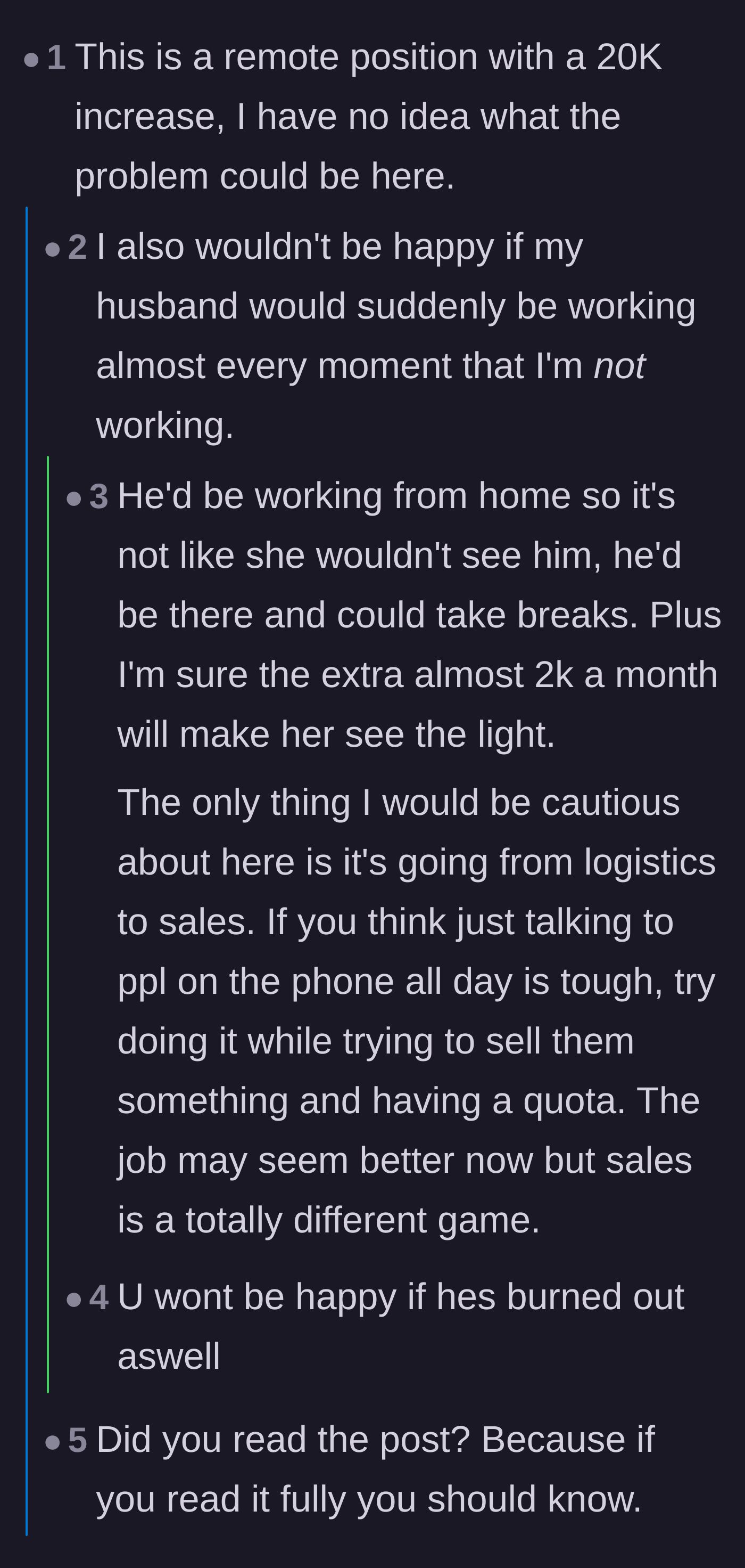 Comment thread 4 - Arguments about the true meaning of working from home and how shifted schedules impact quality time.