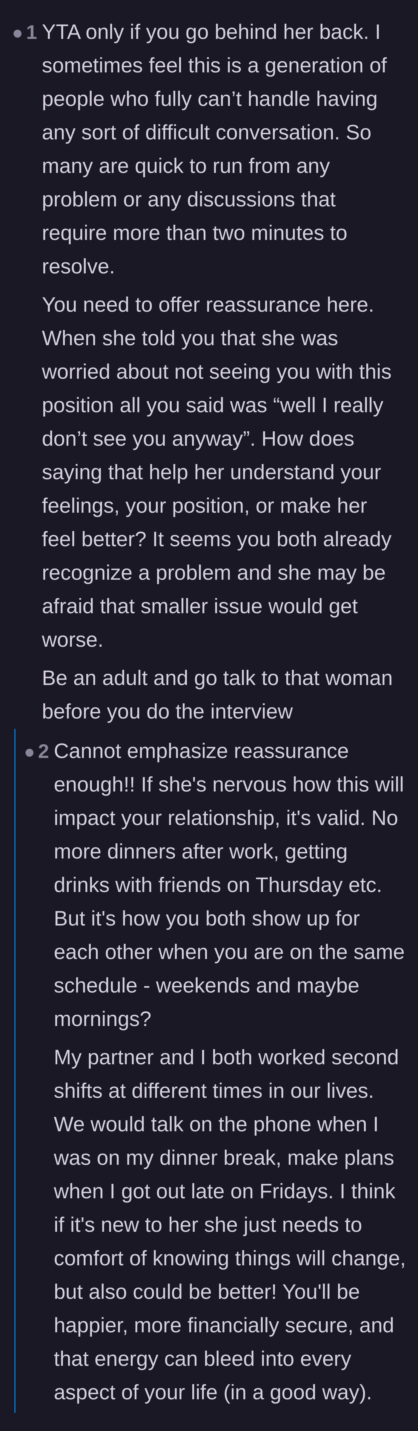 Comment thread 6 - Criticism of the main character's dismissive communication style and failure to reassure his partner.