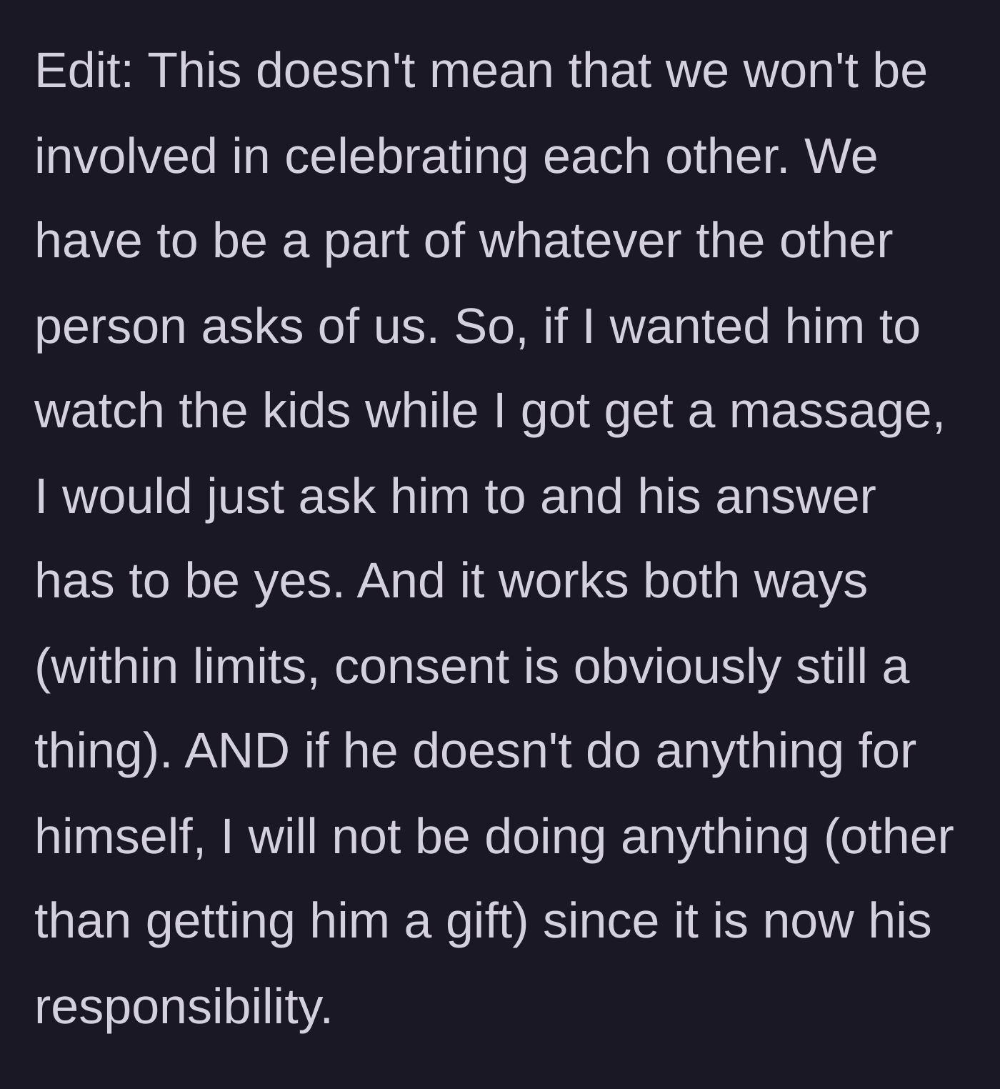 Story part 14 - An edit clarifying that they still support each other's plans and must say yes to reasonable requests for their self-planned days.