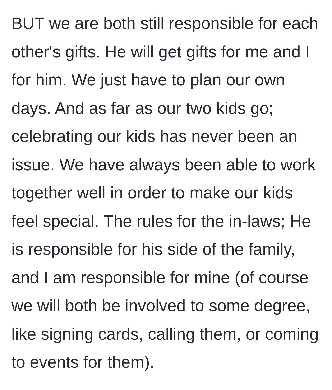 Story part 15 - Rules are laid out regarding gift-giving, celebrating their children, and handling their respective in-laws.