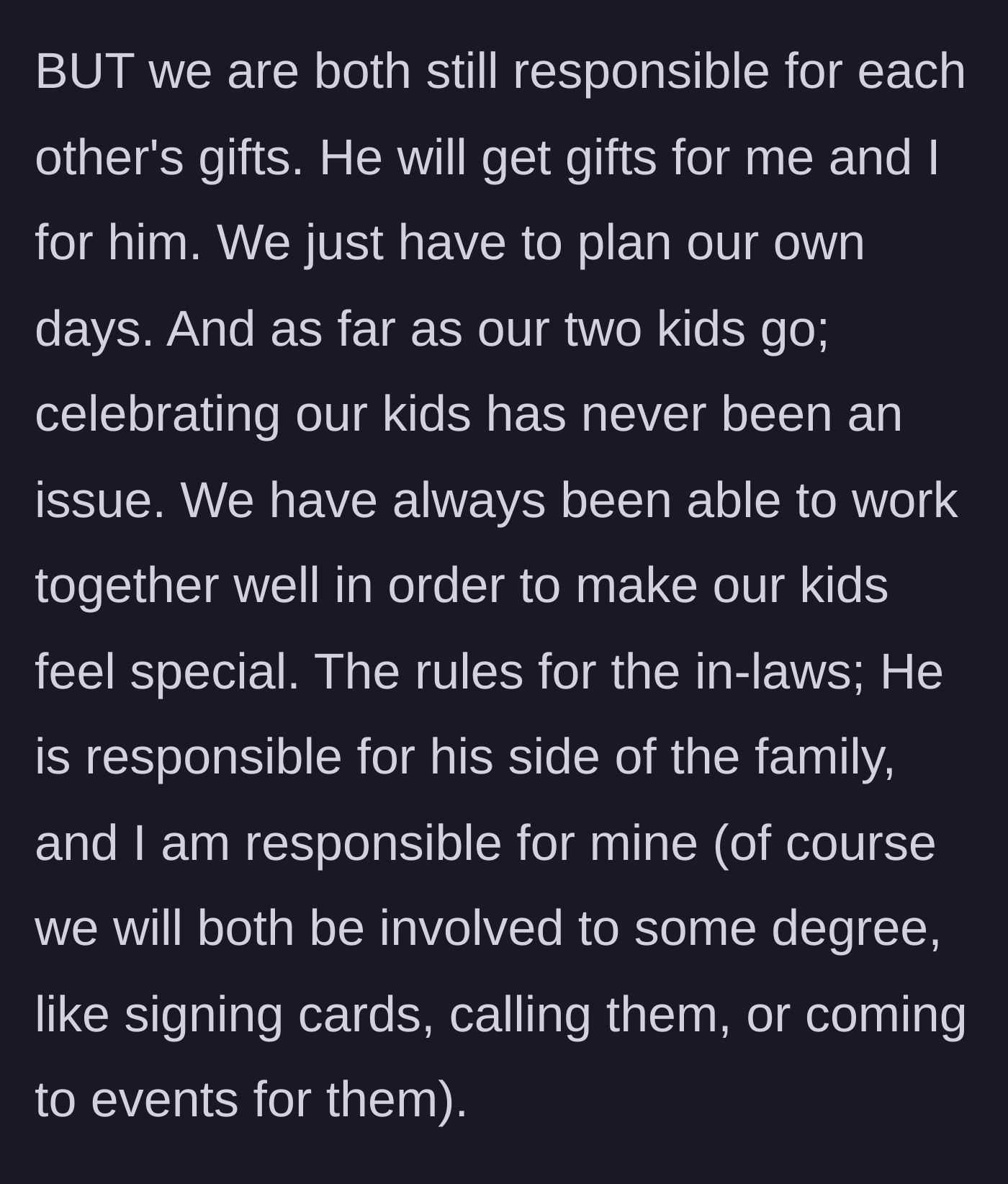 Story part 15 - Rules are laid out regarding gift-giving, celebrating their children, and handling their respective in-laws.