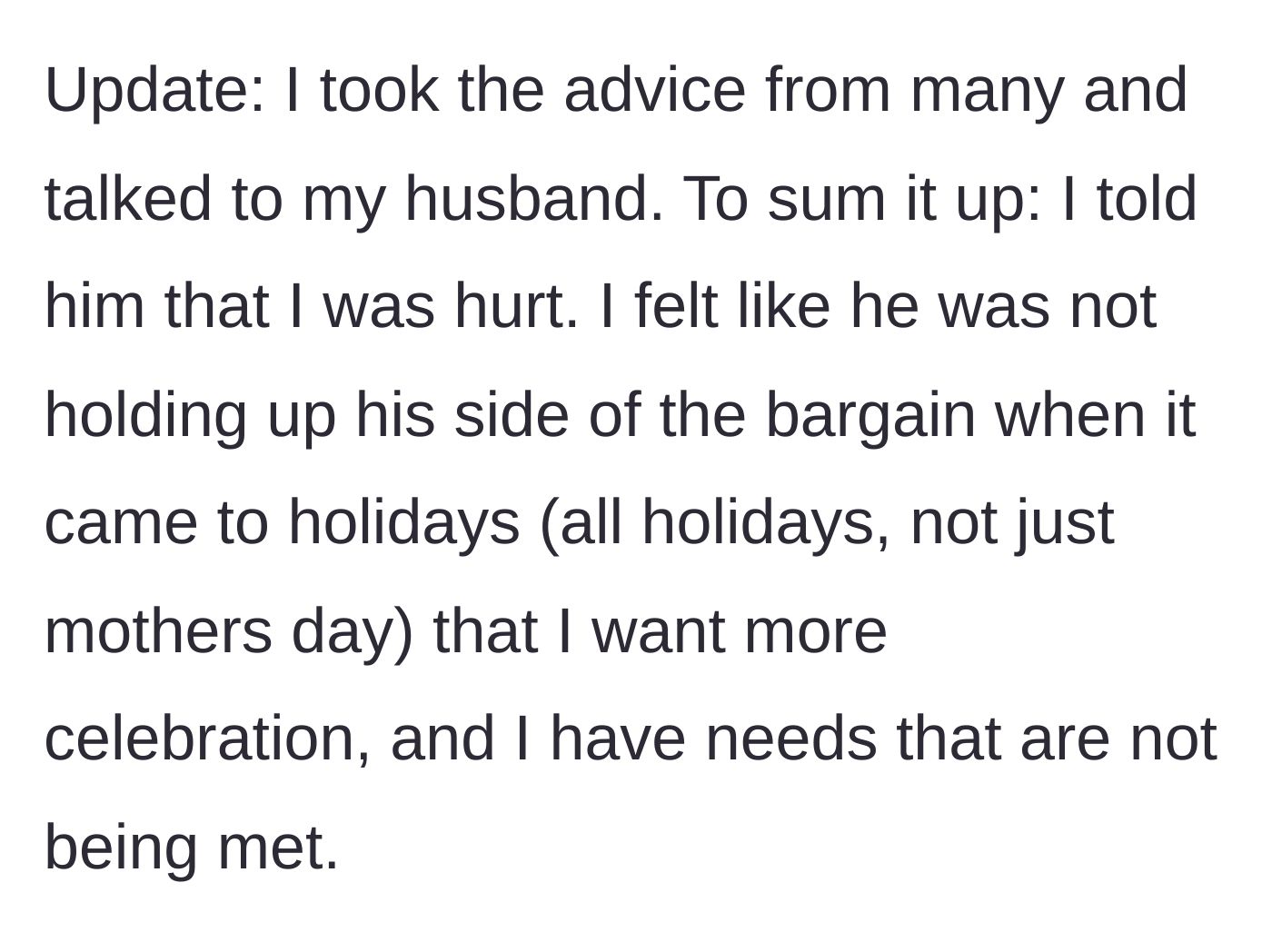 Story part 7 - The update begins with the wife explaining how she confronted her husband about her unmet needs.