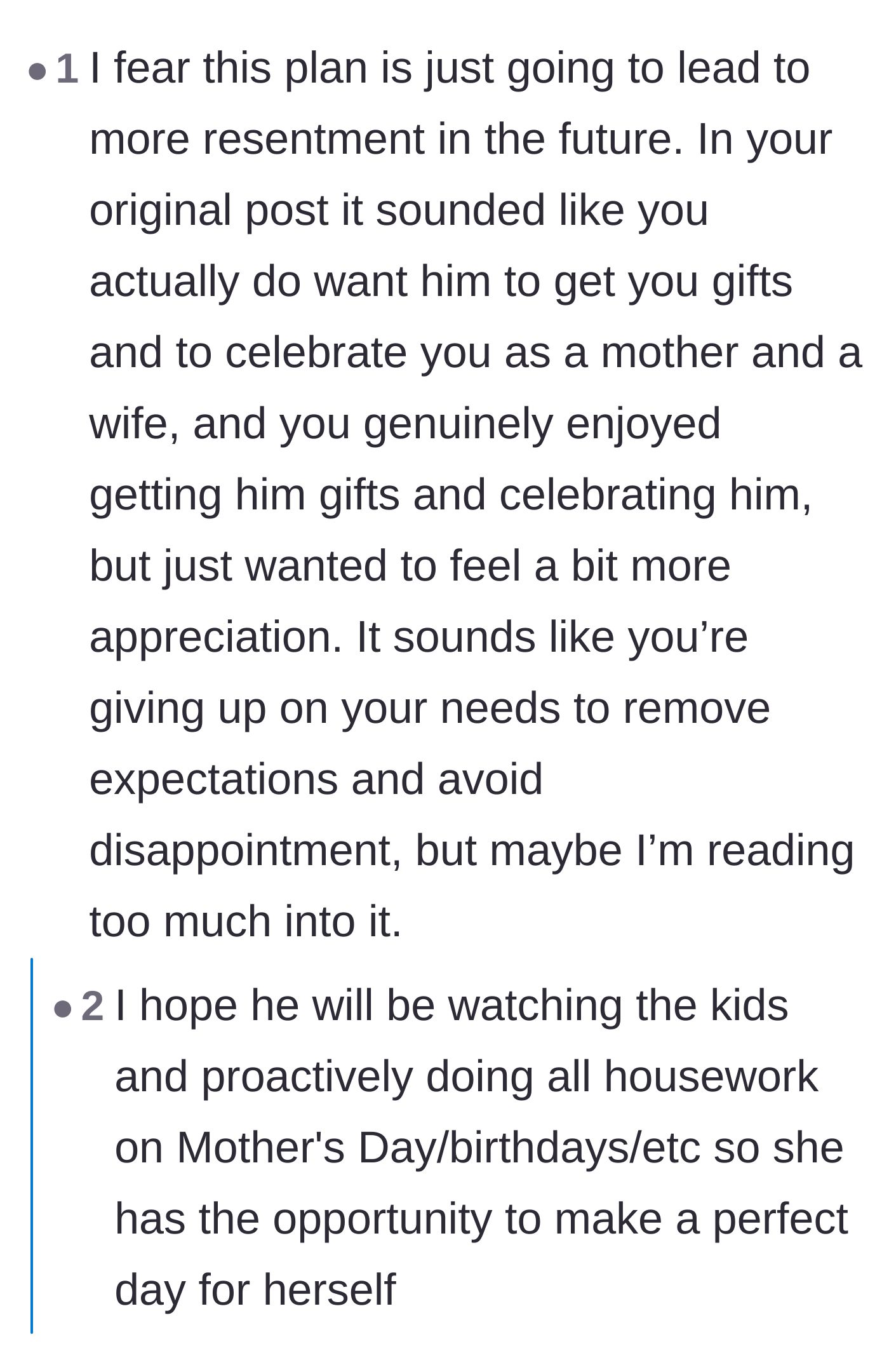 Comment thread 1 - Readers expressing concern that the wife is just abandoning her own needs to avoid future disappointment.