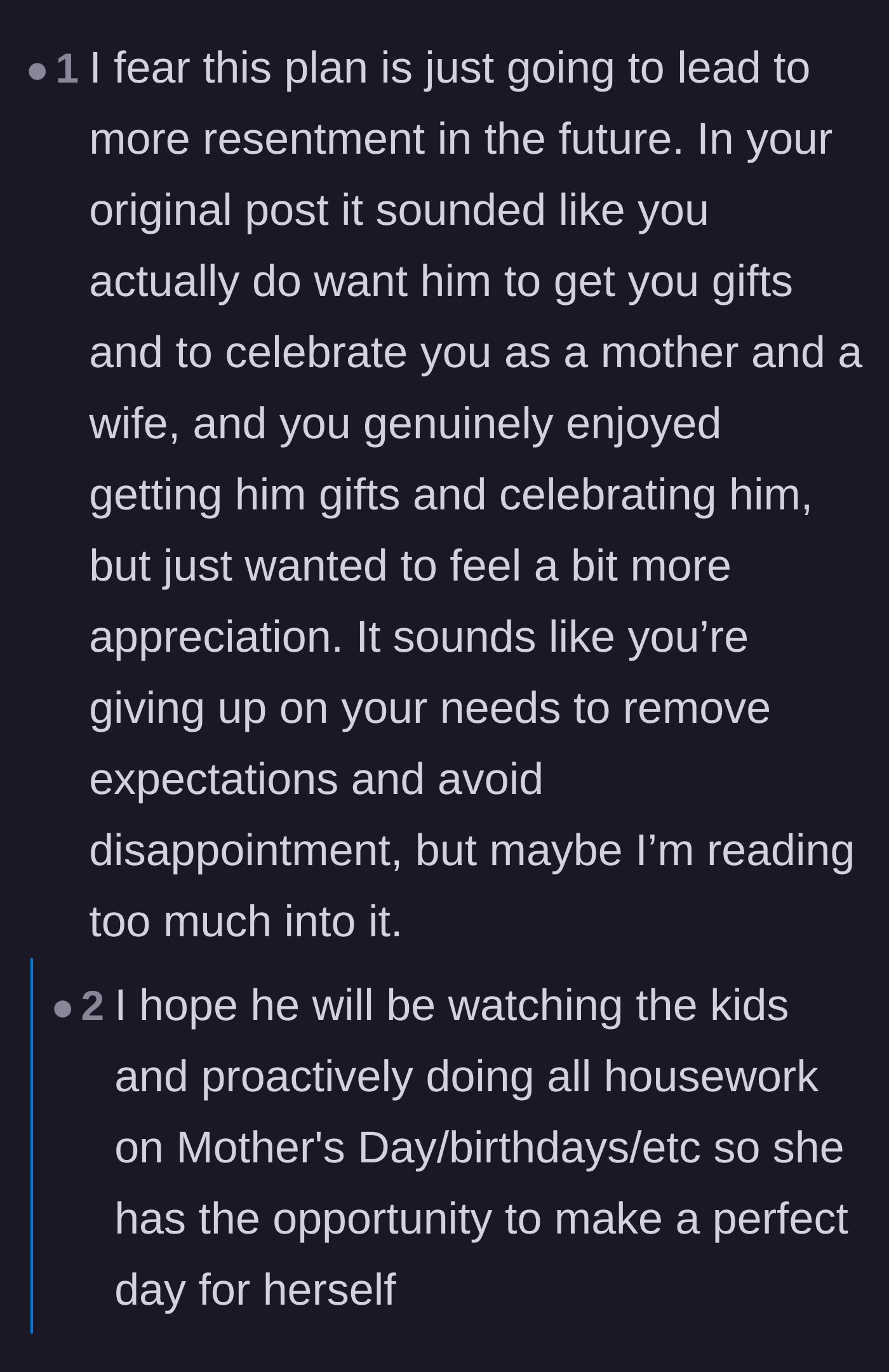 Comment thread 1 - Readers expressing concern that the wife is just abandoning her own needs to avoid future disappointment.