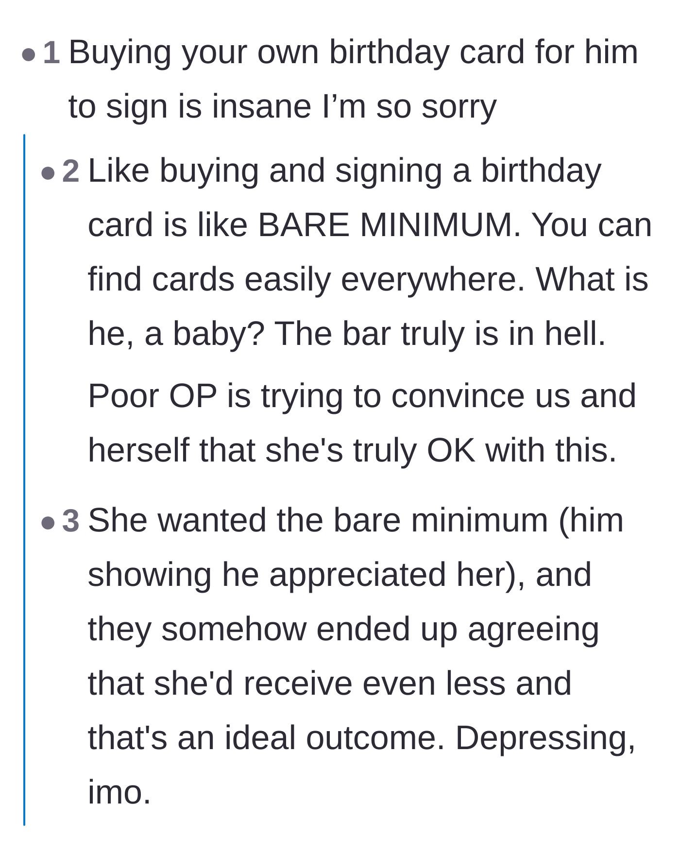 Comment thread 2 - A discussion pointing out how depressing it is that she has to buy her own birthday card for her husband to sign.