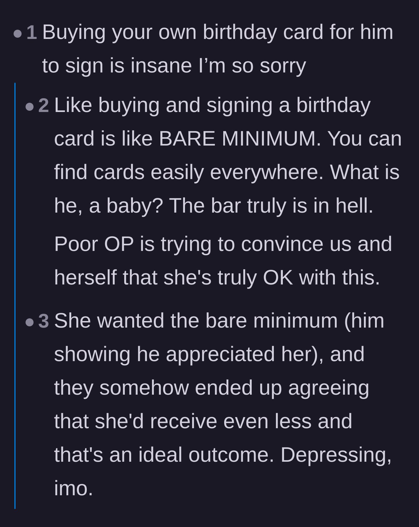 Comment thread 2 - A discussion pointing out how depressing it is that she has to buy her own birthday card for her husband to sign.