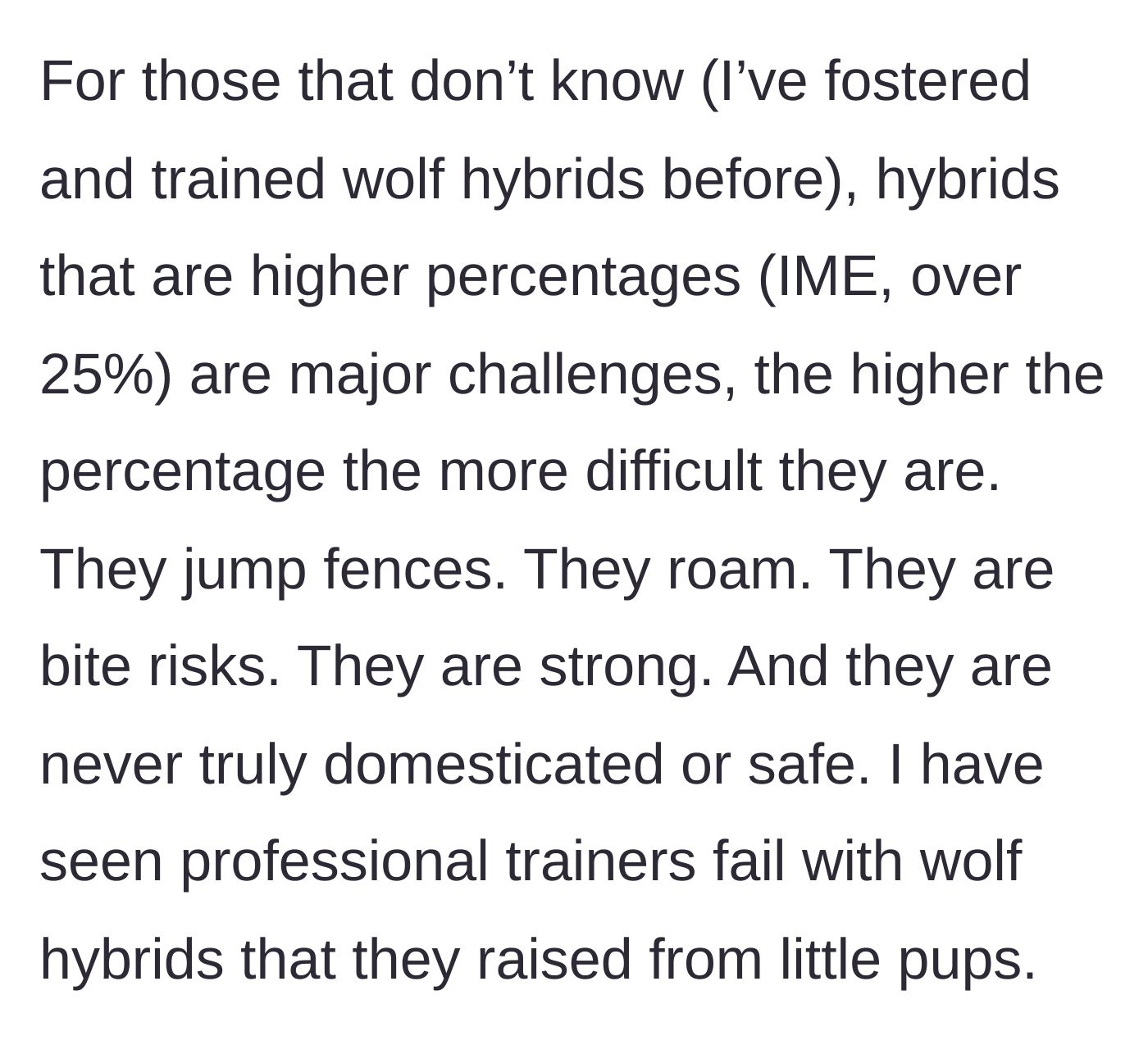 Story part 6 - The narrator details the severe behavioral challenges and dangers of owning high-percentage wolf hybrids.