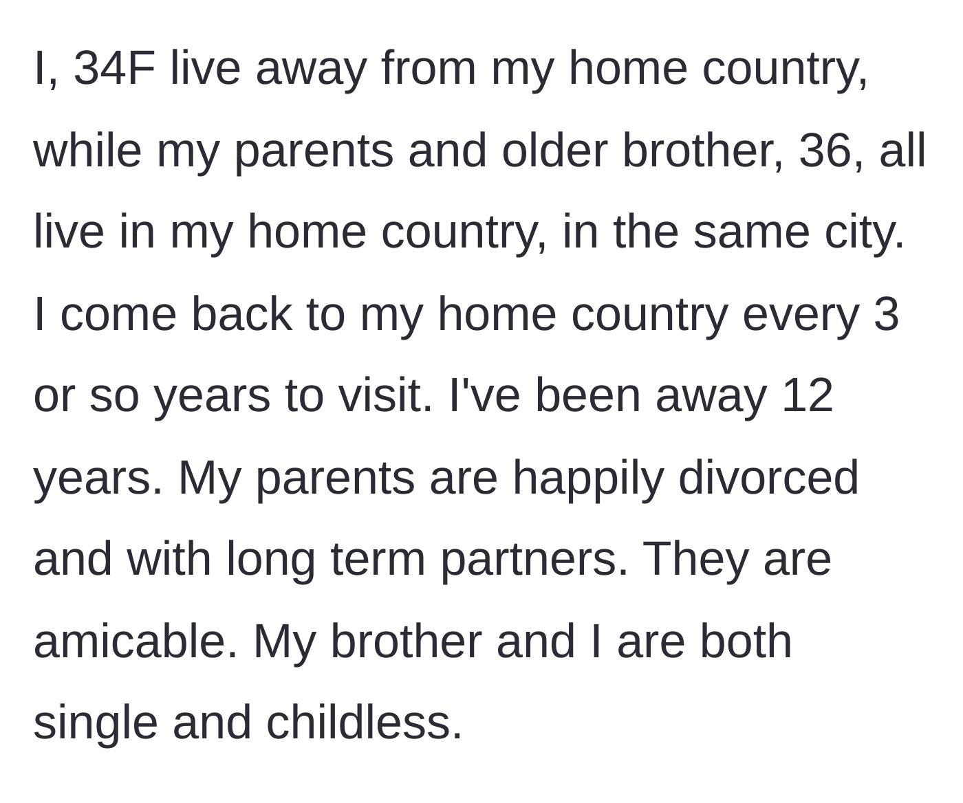 Story part 1 - The author explains her family dynamic, living abroad for 12 years, and coming home to visit her divorced parents and single brother.