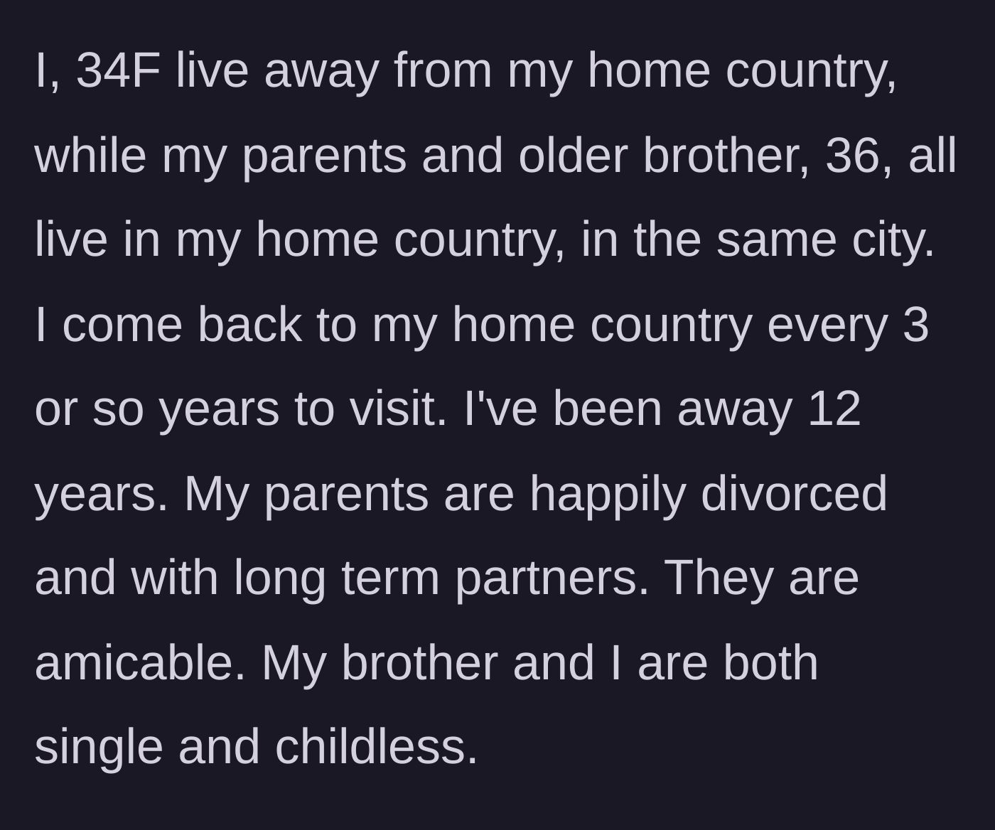 Story part 1 - The author explains her family dynamic, living abroad for 12 years, and coming home to visit her divorced parents and single brother.