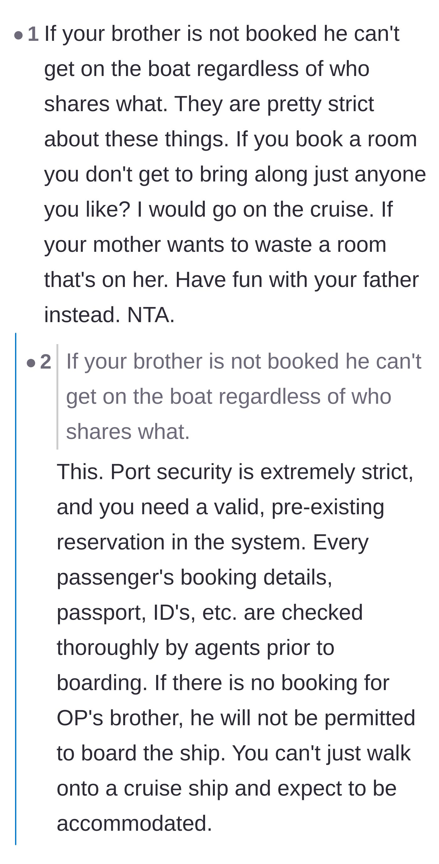 Comment thread 1 - Readers dissecting strict cruise ship security and lifeboat protocols, concluding the brother couldn't just board without a proper booking anyway.