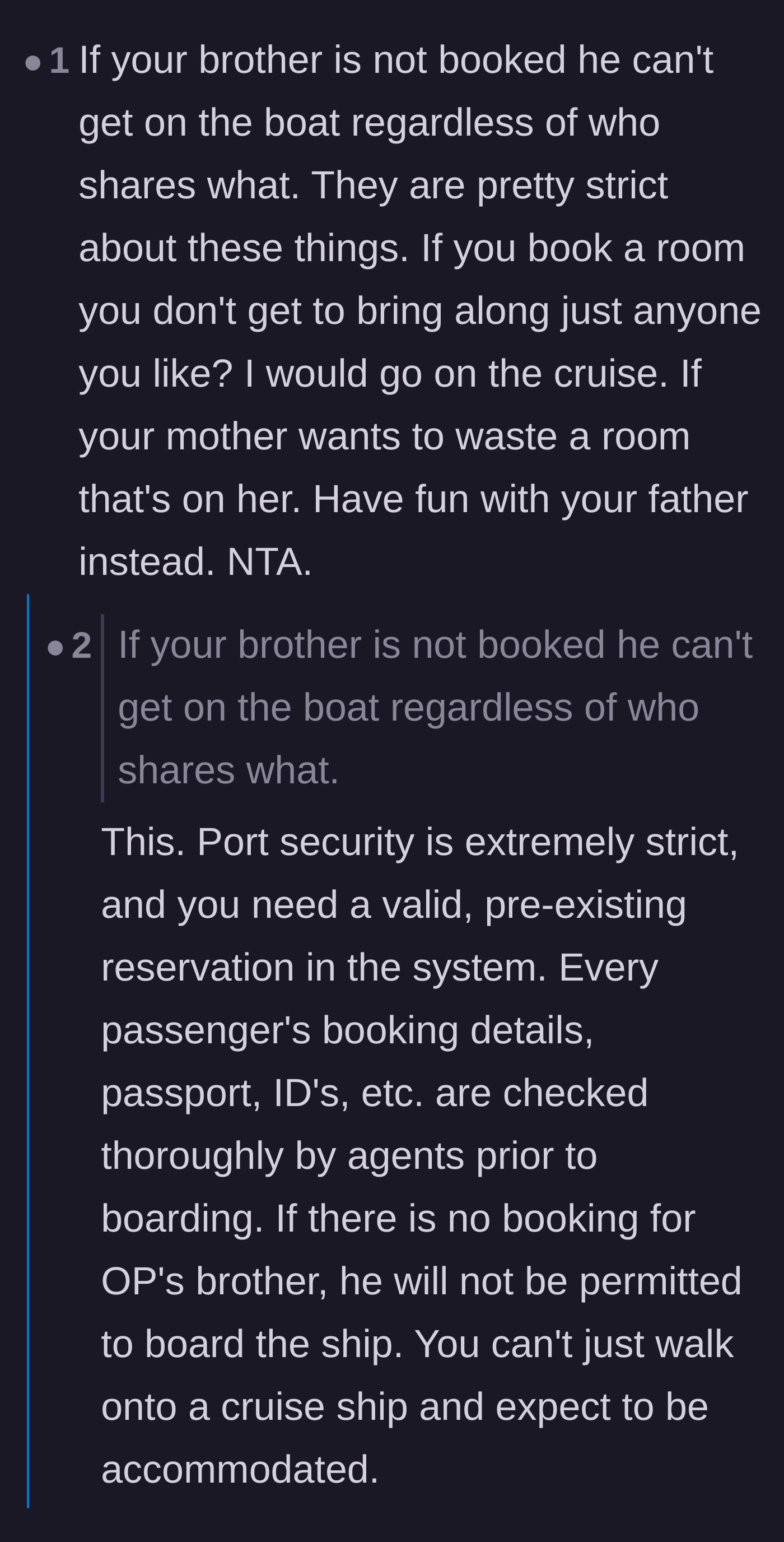 Comment thread 1 - Readers dissecting strict cruise ship security and lifeboat protocols, concluding the brother couldn't just board without a proper booking anyway.