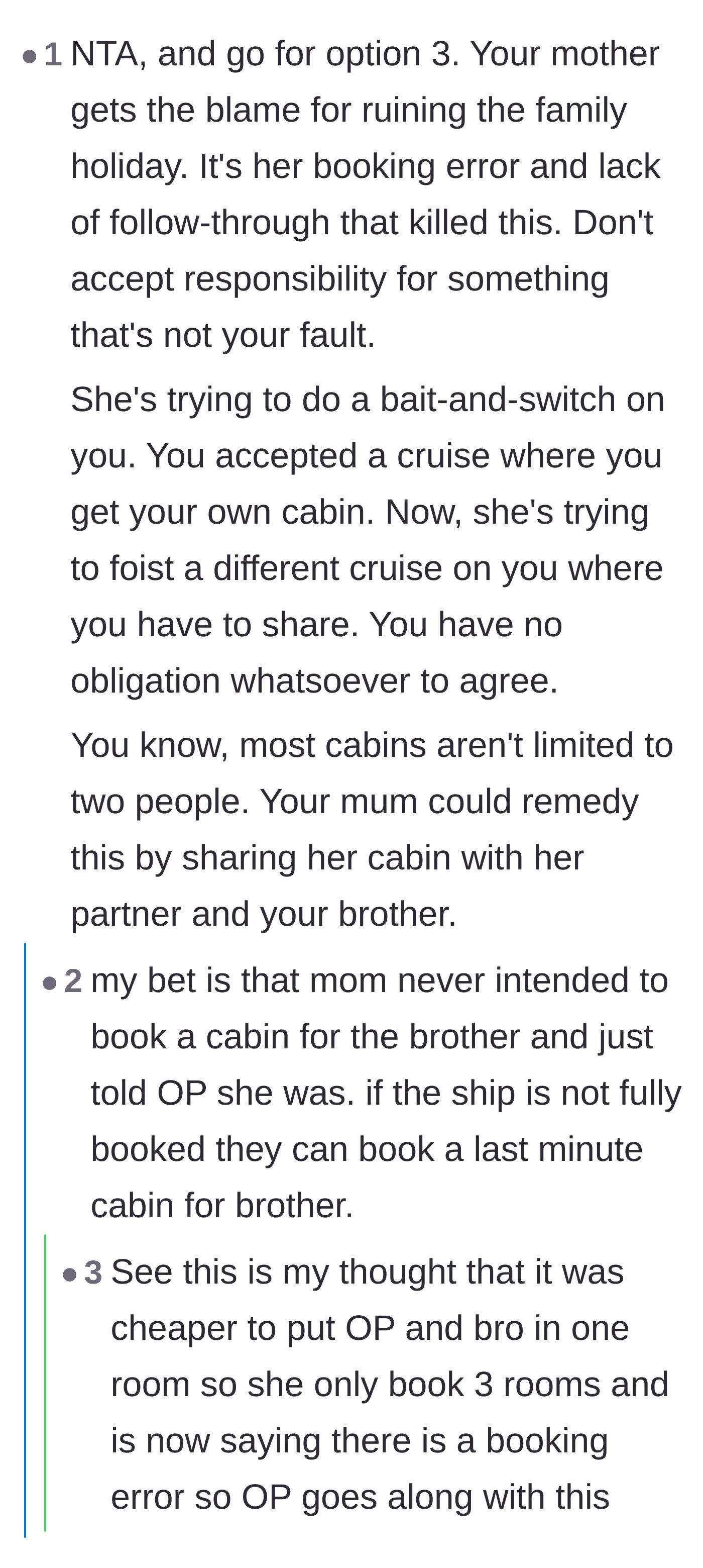 Comment thread 3 - Readers discussing the high cost of single-occupancy cruise cabins and theorizing the mom intentionally booked double rooms to save money.