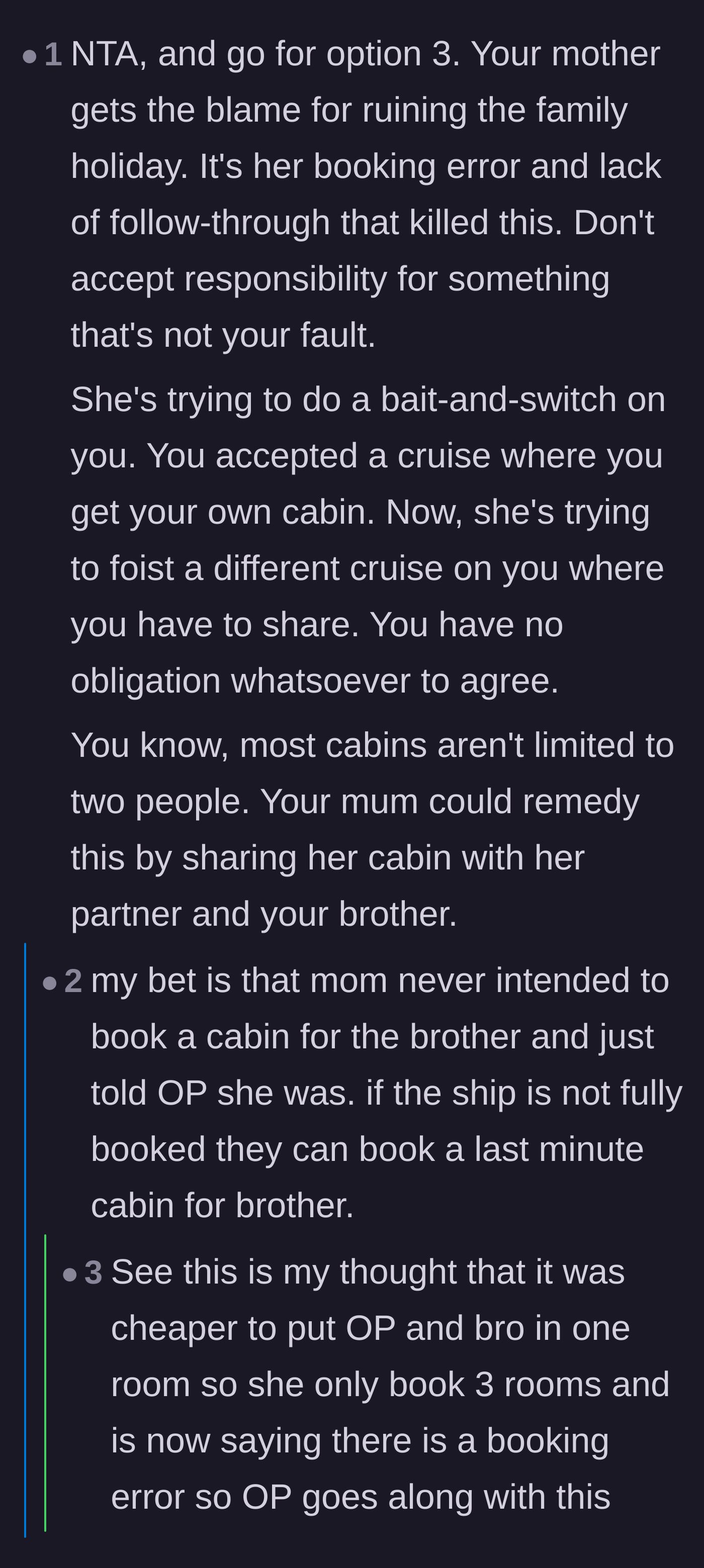Comment thread 3 - Readers discussing the high cost of single-occupancy cruise cabins and theorizing the mom intentionally booked double rooms to save money.