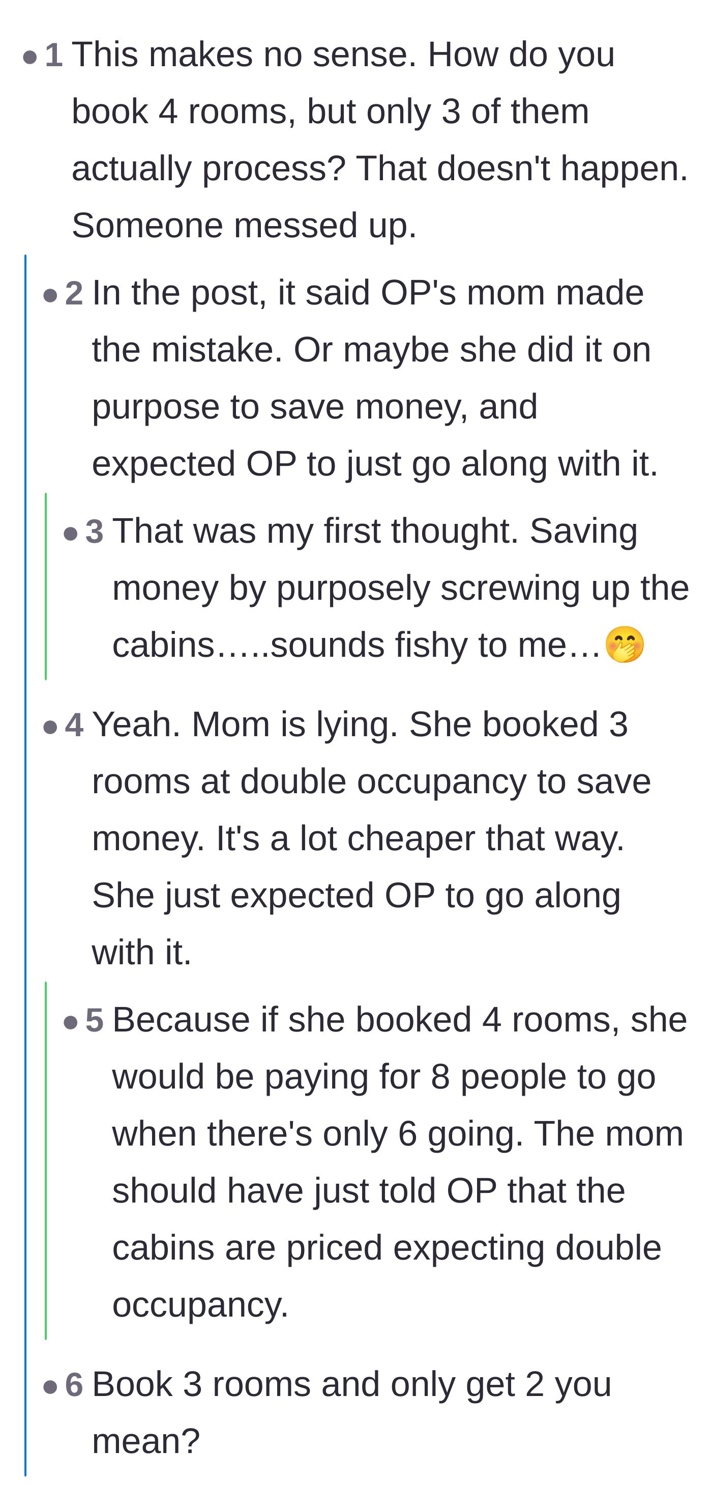 Comment thread 4 - Commenters refusing to believe the booking error was an accident, suspecting the mom wanted the author to babysit the brother.