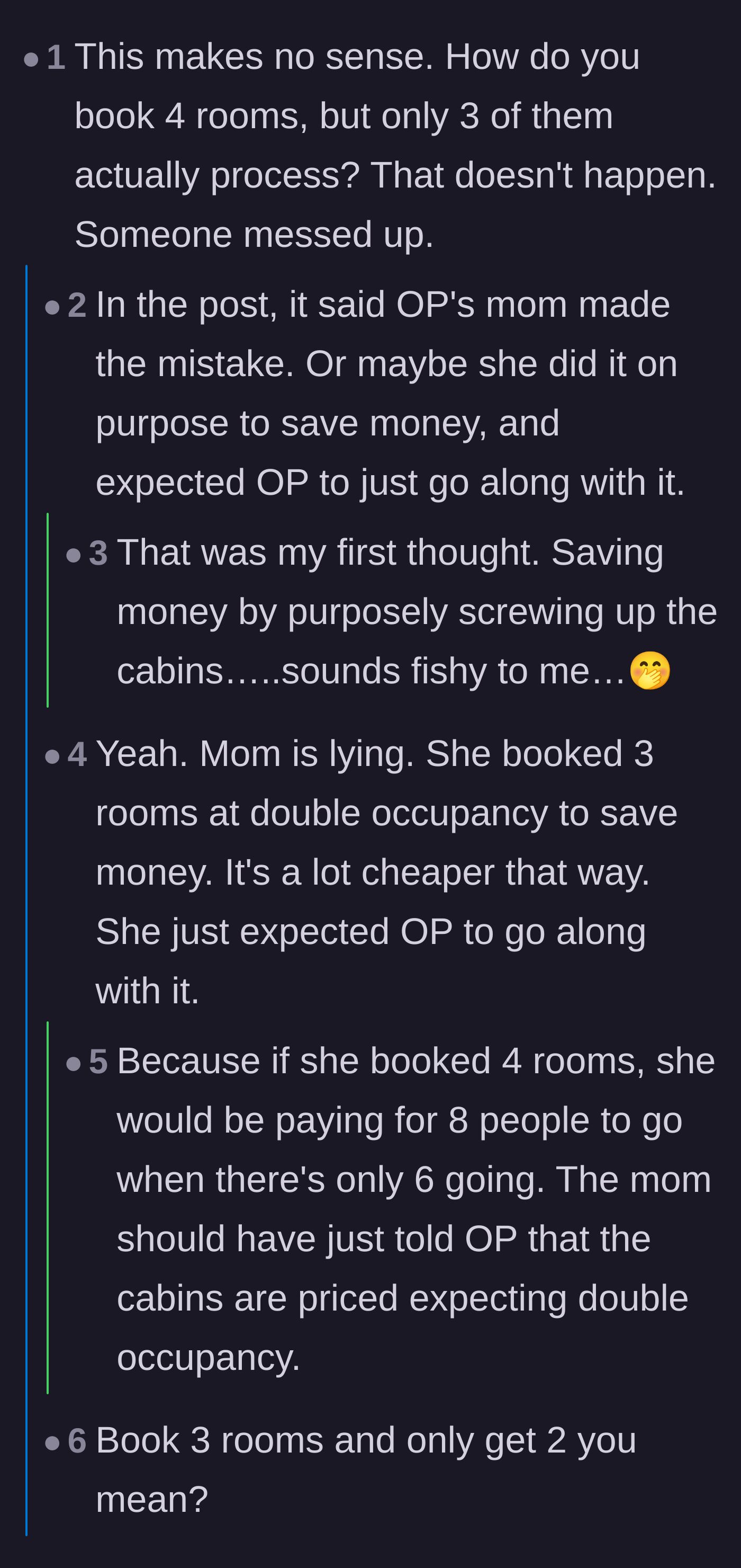 Comment thread 4 - Commenters refusing to believe the booking error was an accident, suspecting the mom wanted the author to babysit the brother.