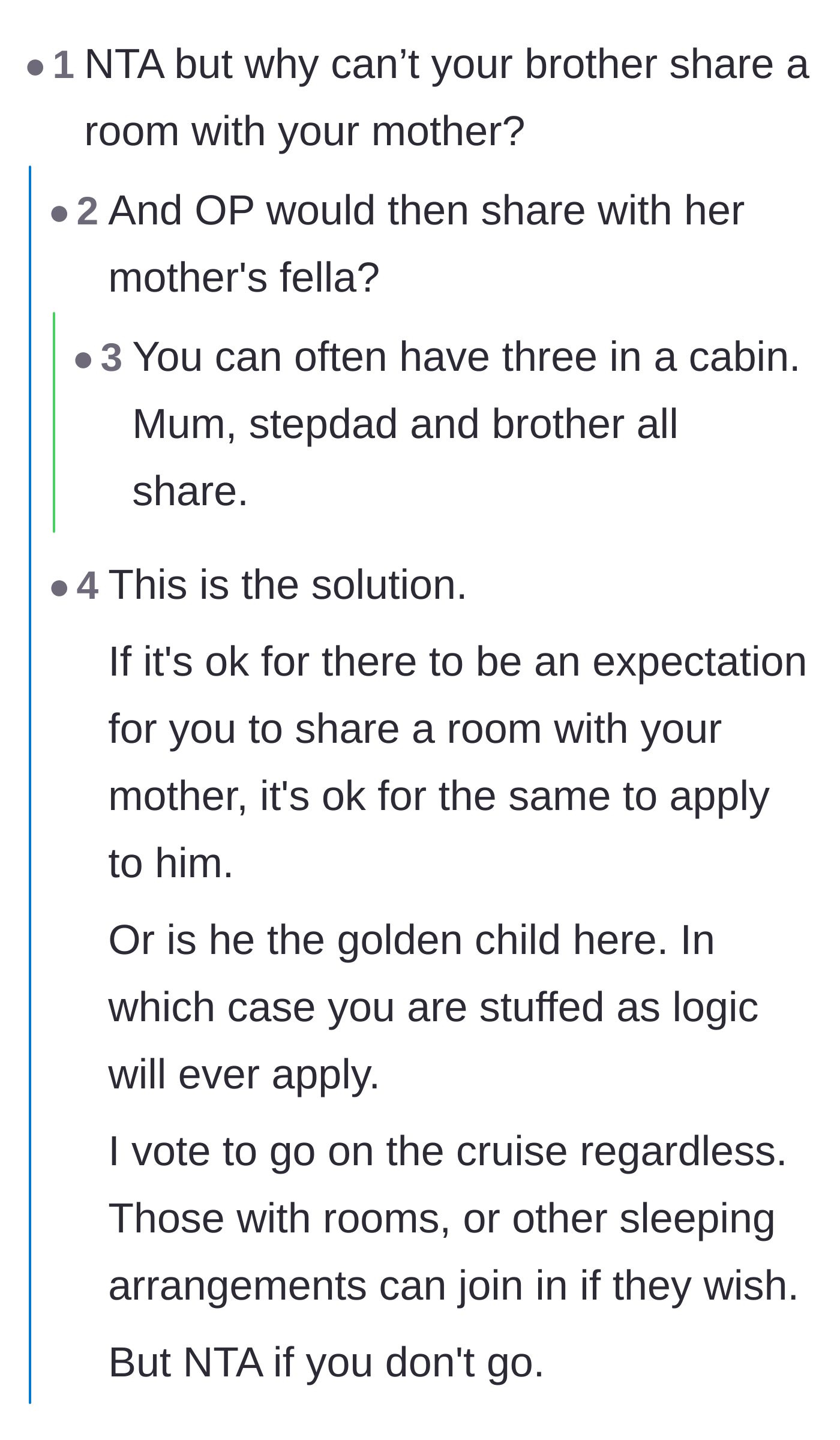 Comment thread 5 - A user questioning why the brother can't simply share a room with the mother and her boyfriend instead of burdening the sister.