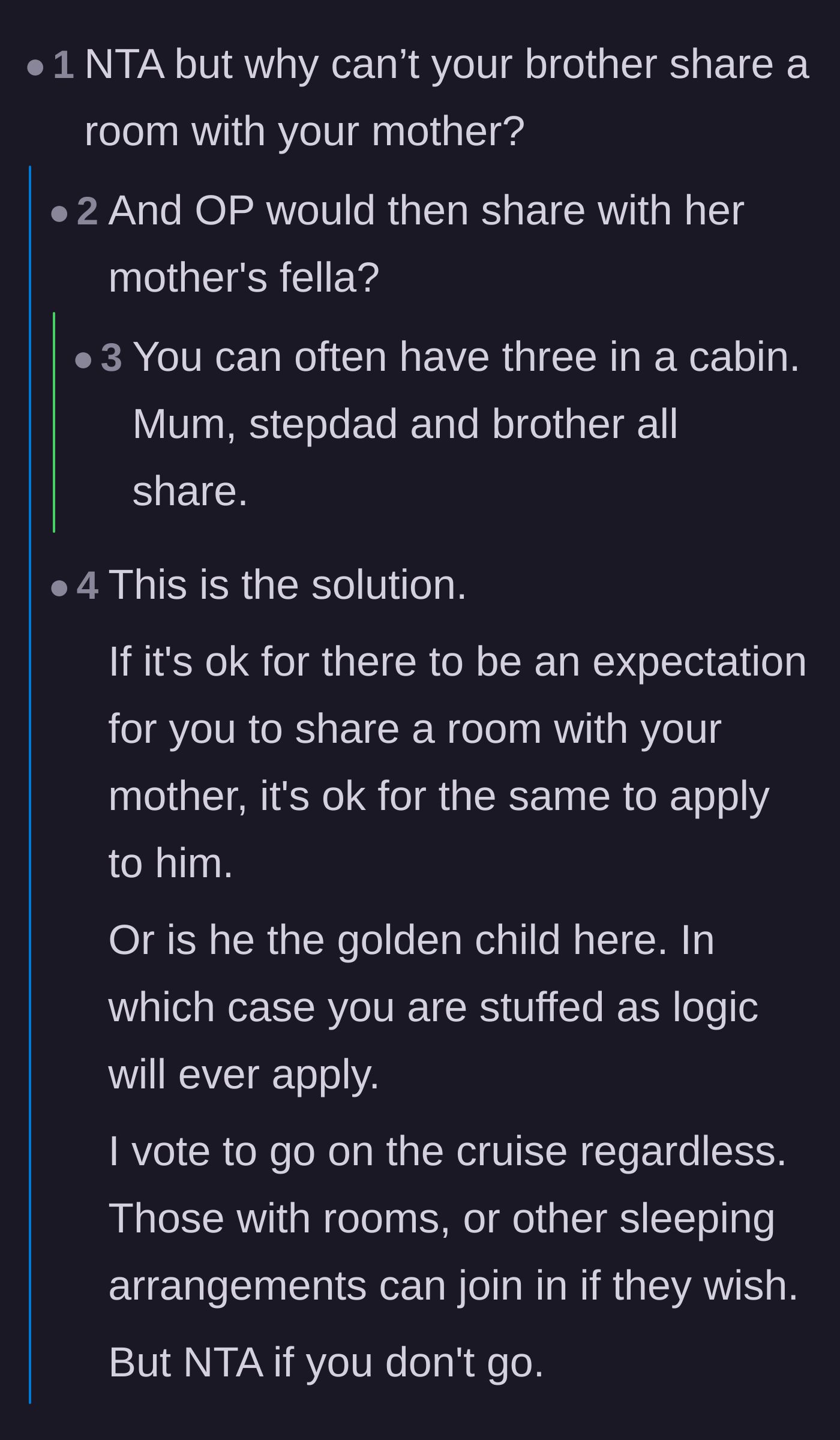 Comment thread 5 - A user questioning why the brother can't simply share a room with the mother and her boyfriend instead of burdening the sister.