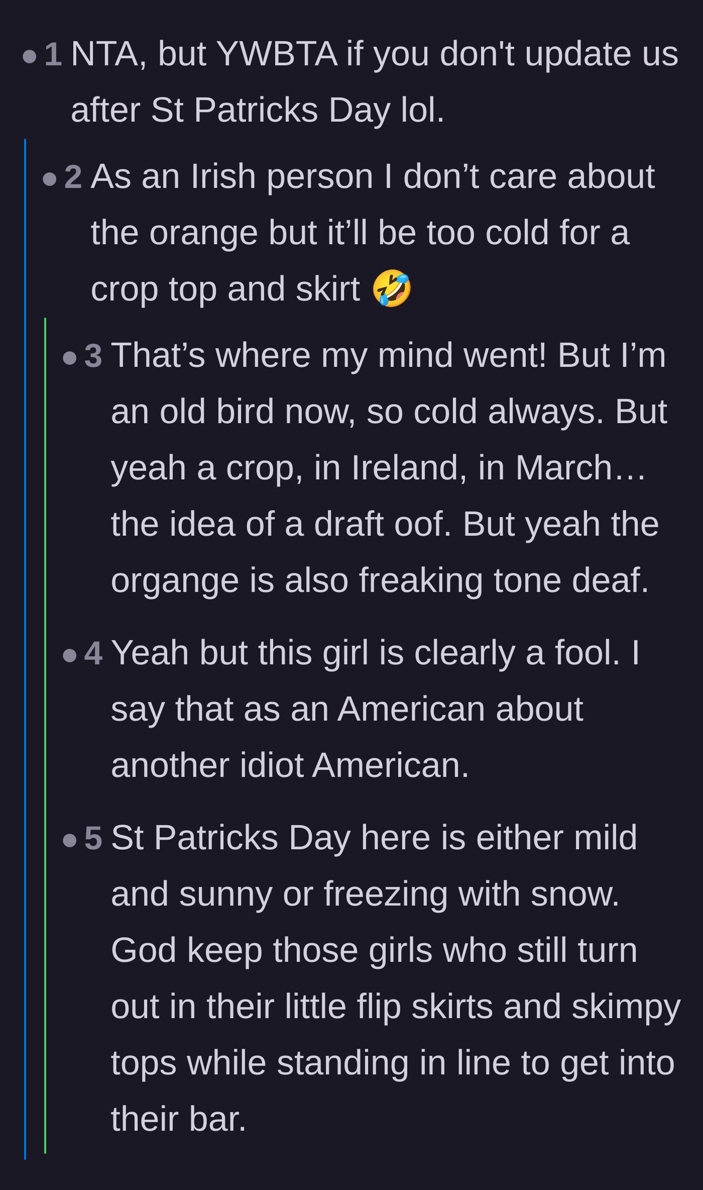 Comment thread 1 - Readers demand an update and mock the absurdity of wearing a crop top in the freezing Irish March weather.